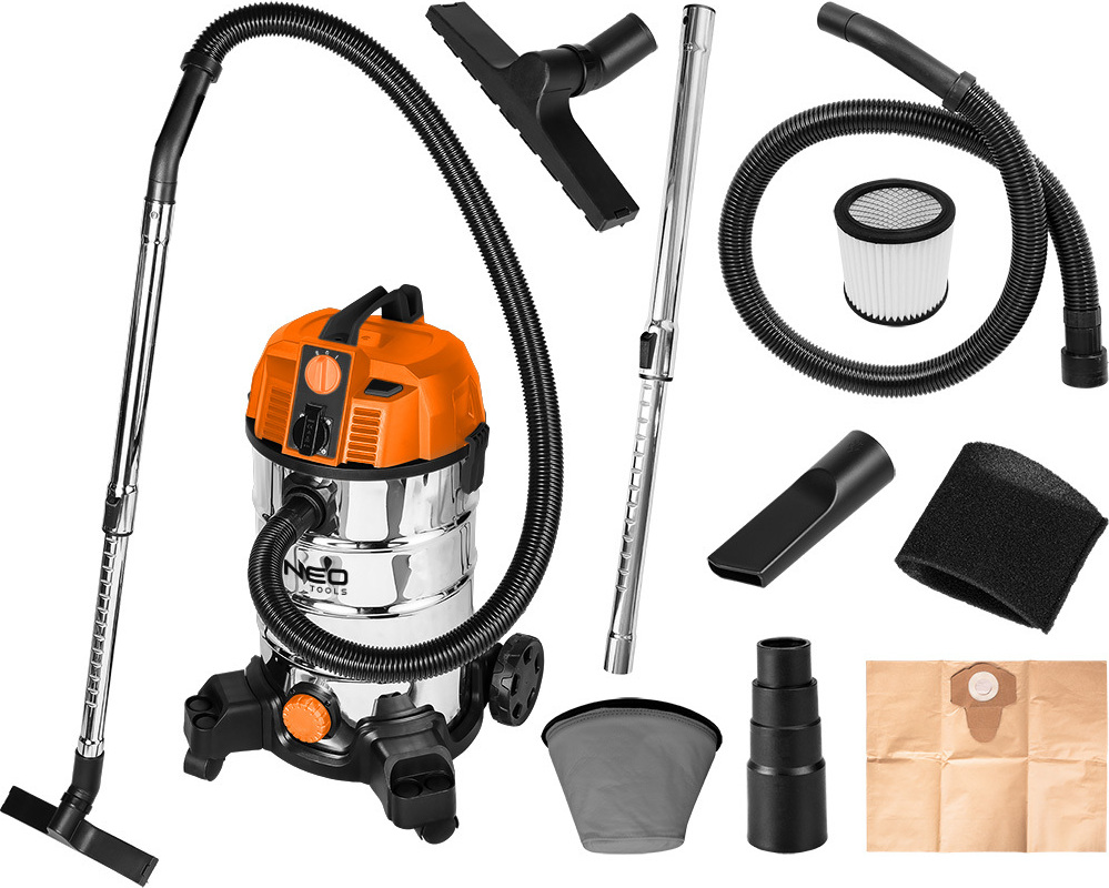 NEO TOOLS Mokro-suchý vysávač 1600W Nerezová nádoba: 35L 35mm hadicový systém Funkcia dúchadla Prídavná zásuvka max. 1800W - Sieťový kábel 4 m