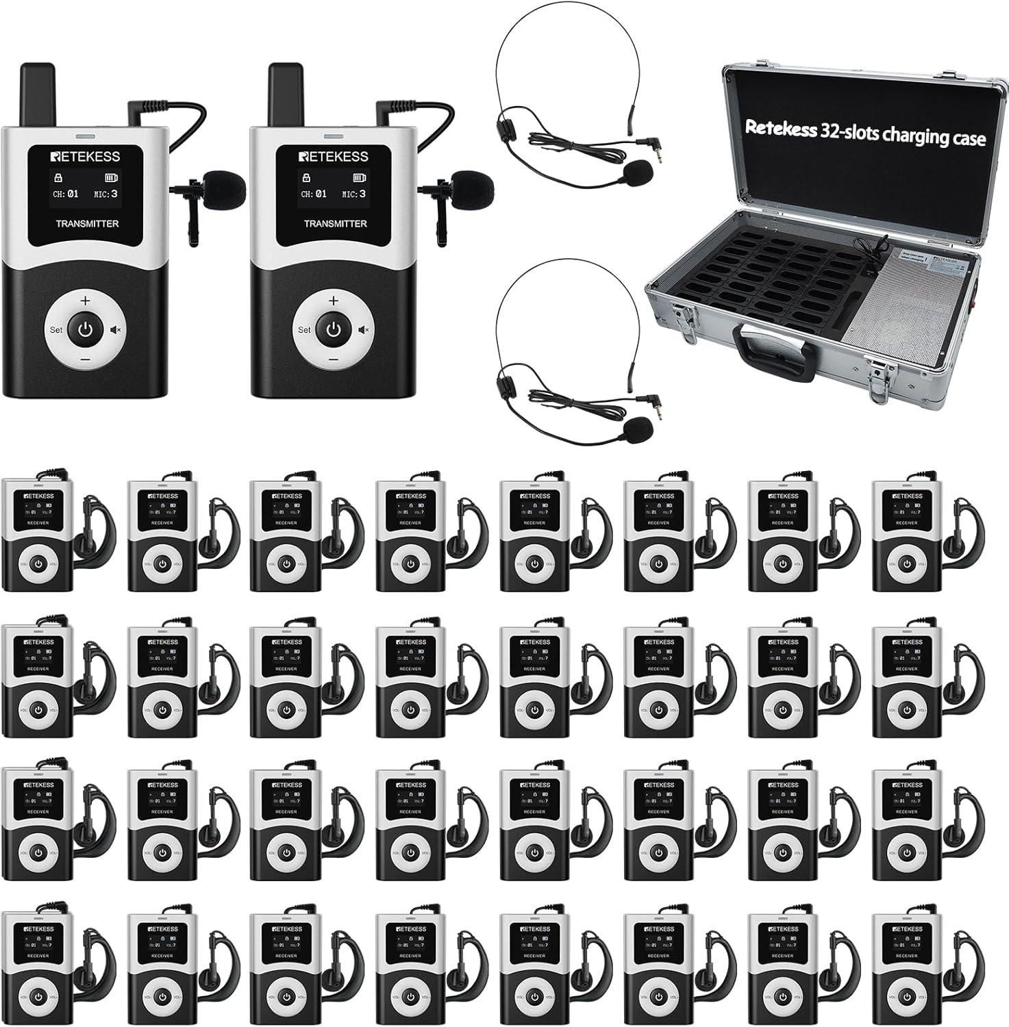 Retekess T130U Tour Guide System,Audioguides,Digitale Übertragung in Hochauflösender Klangqualität,EIN-Tasten-Bedienung,Ladekoffer mit 34 Steckplätzen EUF9423GX2-F9423HX32-F4512AX2-F9423P