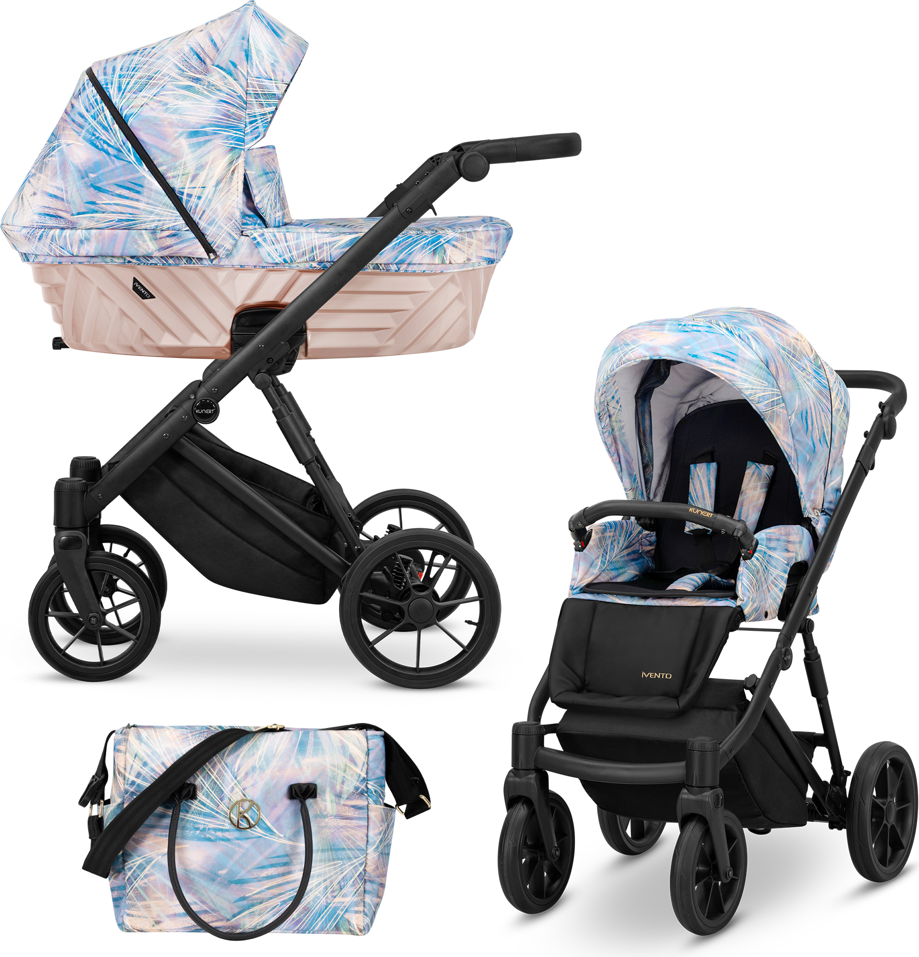 Kinderwagen IVENTO Sportwagen Babywagen Babyschale Komplettset Kinder Wagen Set 2 in 1 (Pastel Grass, Rahmenfarbe: Schwarz)
