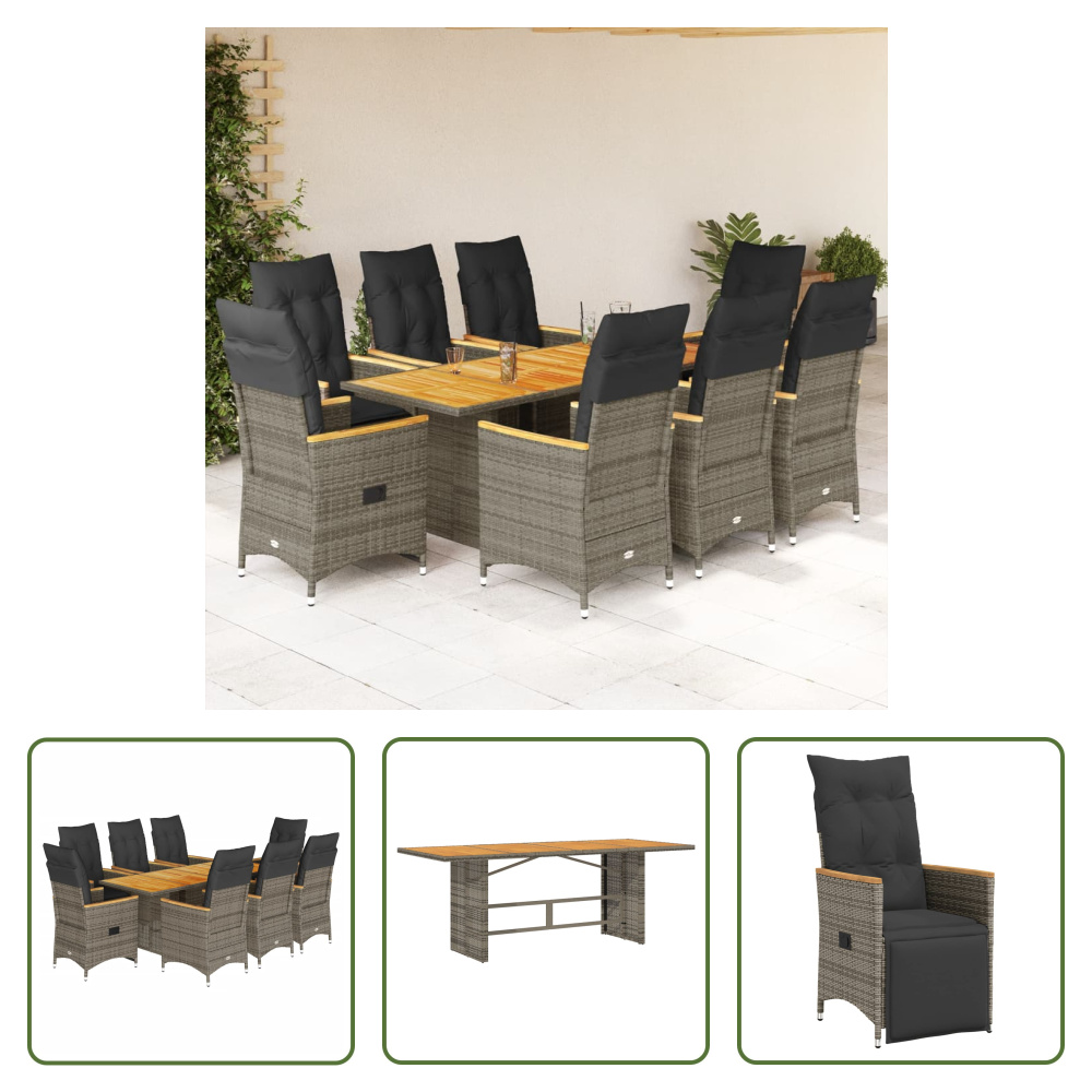 The Living Store 9-dielny záhradný jedálenský set s vankúšmi sivý polyratan