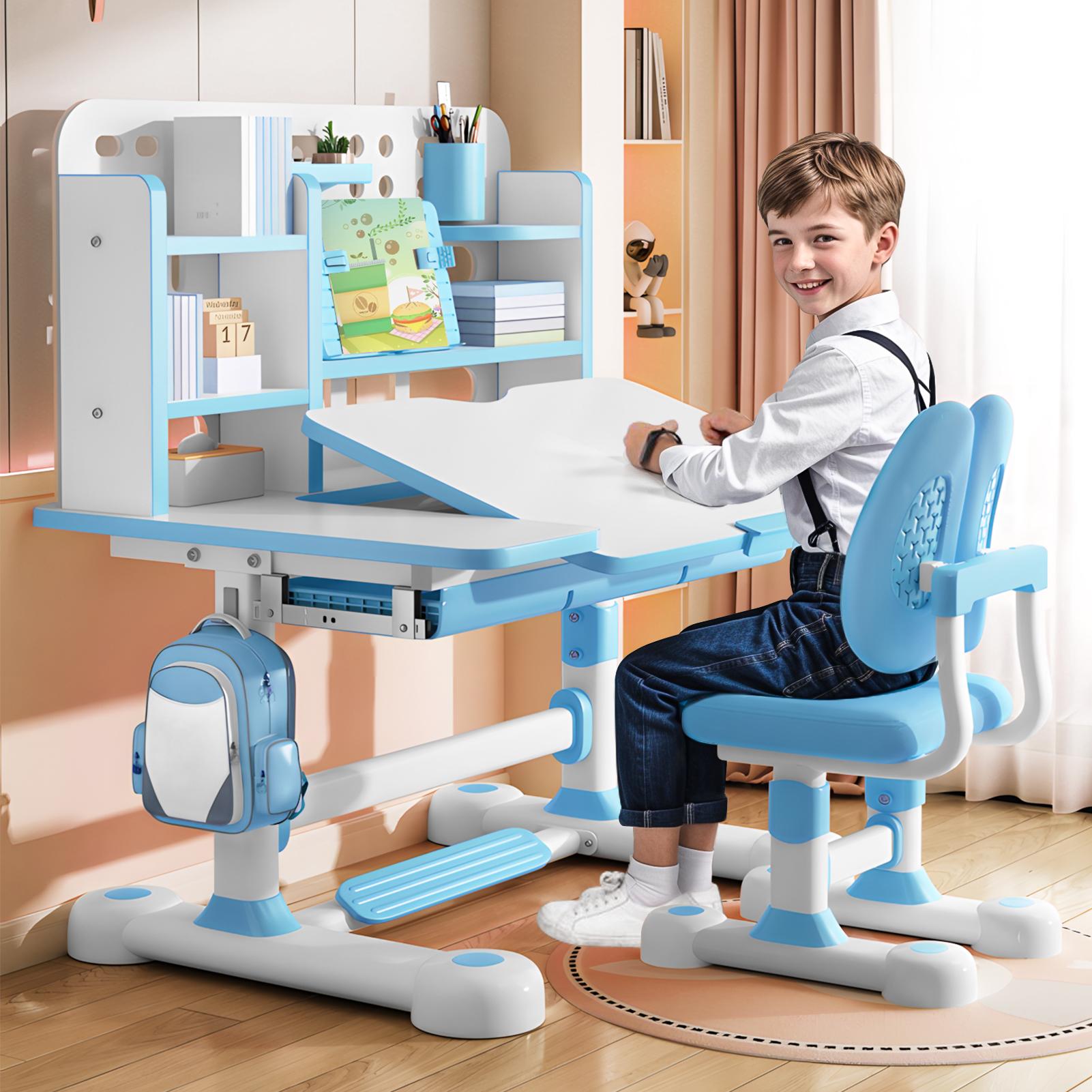 Bmen Kinder-Schreibtisch und Stuhl-Set, höhenverstellbares Kinder-Schreibtisch- und Stuhl-Set mit Bücherregal und Schublade, 50-Grad-neigbarer Schreibtisch