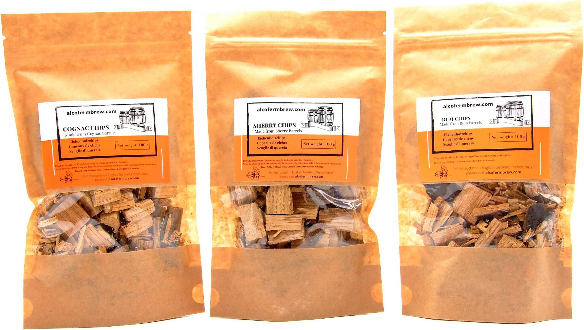 Alcofermbrew Eichenspäne-Set - 3 Packungen – Cognac + Sherry + Rum, Eichenholz Chips Holzspäne Eichenholzspäne