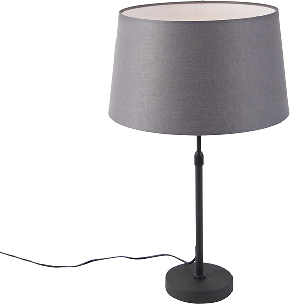 QAZQA - Landhaus I Vintage I Rustikal Tischlampe schwarz mit Leinenschirm grau 35 cm verstellbar - Parte I Wohnzimmer I Schlafzimmer I Nachttischleuchte - Leinen Zylinder I Länglich I Rund - LED geeig 98523