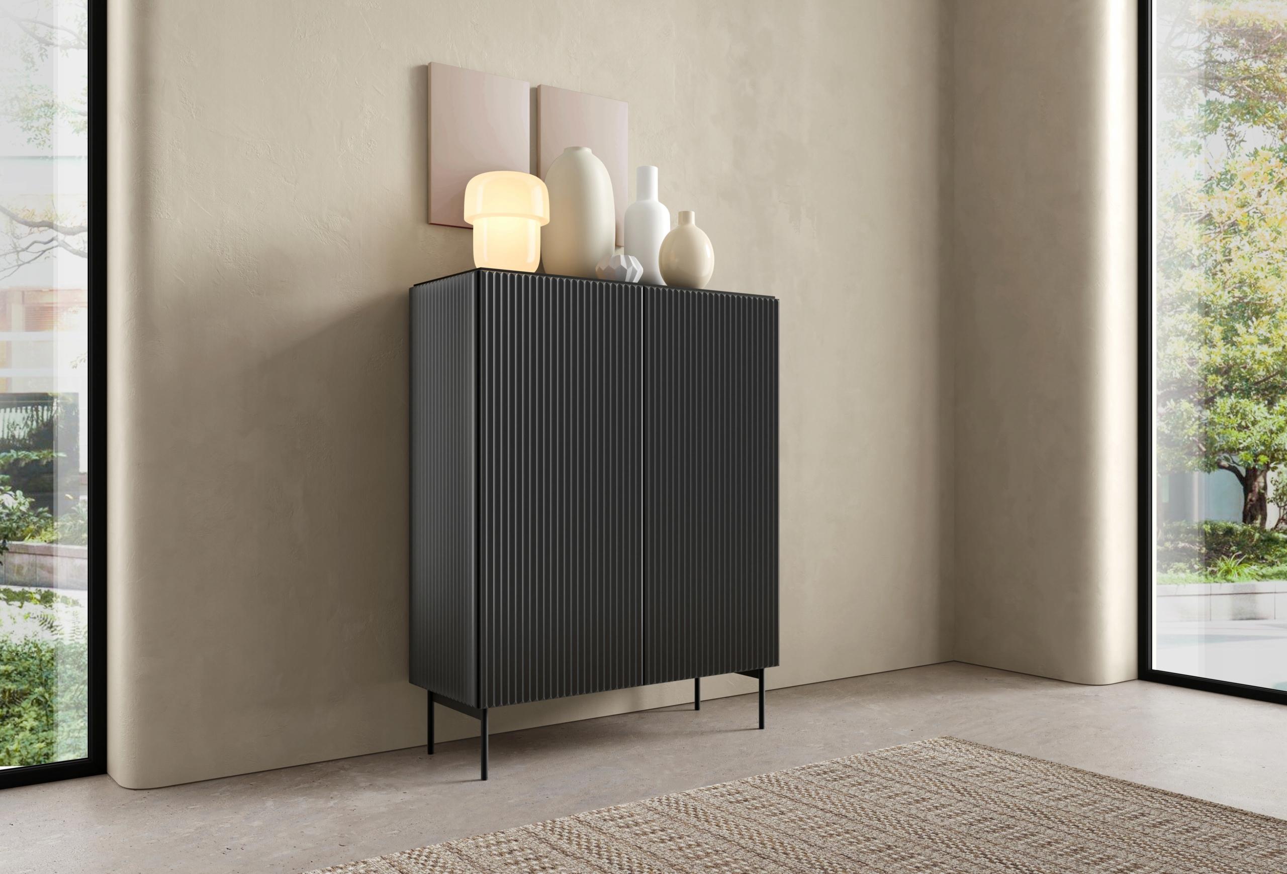 Meble Laski Highboard Muti in Schwarz Matt | 99 cm breite Kommode mit Riffelfronten und Push-to-Open Funktion