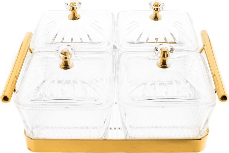 Almina 9 Teiliges Snackschalen-Set aus Glas mit goldenem Serviertablett & Knaufdeckel AL-1768