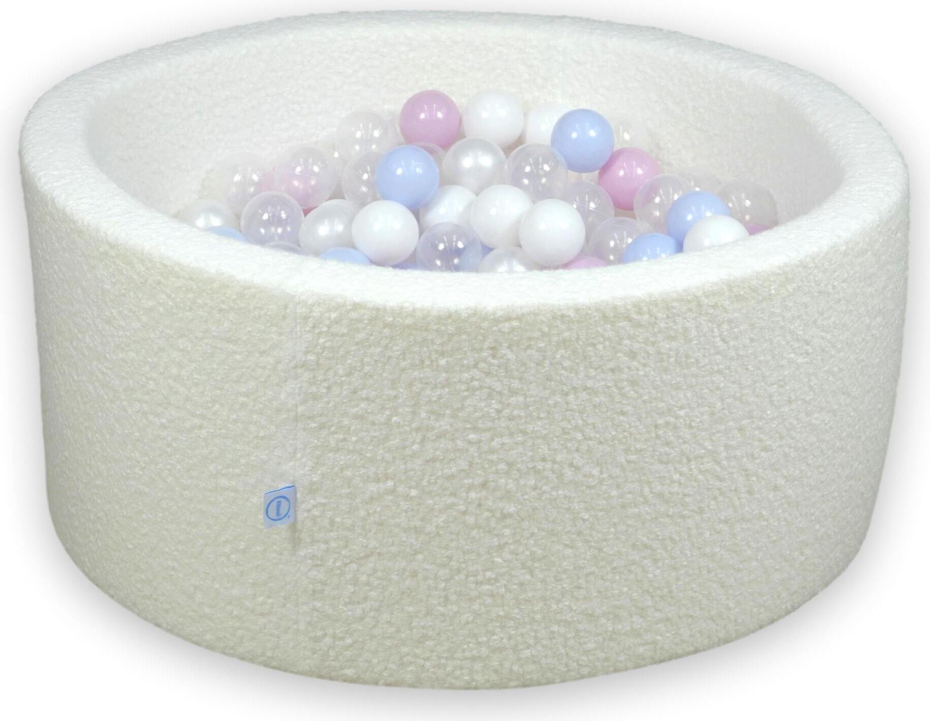 Mimii Bällebad 90x40 Boucle Weiß – Mit 300 Bällen / transparent, weiß, perlmutt, babyrosa perlmutt, babyblau perlmutt