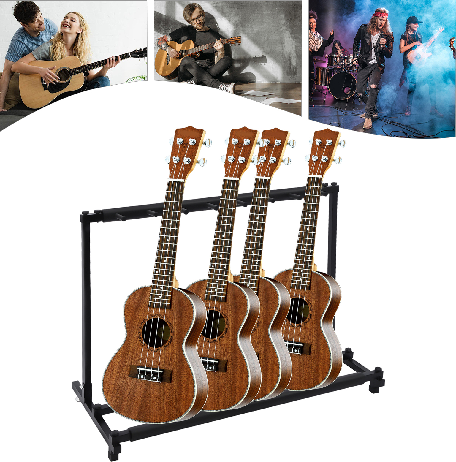 GreatDEshop2021 Gitarrenständer, faltbarer Gitarrenständer, Einfacher Zugang 7 Gitarrenständer, Schwarz YQFCD3-000000-WL