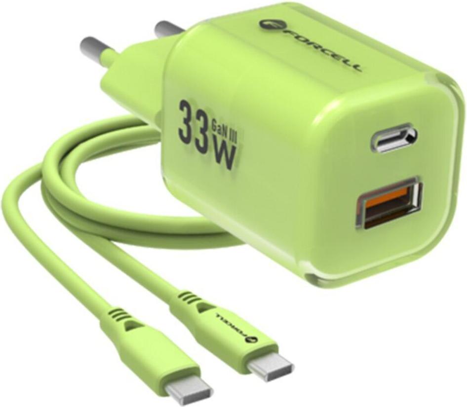 FORCELL F-ENERGY Crystal Color GaN III VT-41 travel charger with silicone cable with 1 x Type C + 1x USB A sockets, PD QC4.0 33W green B-8877