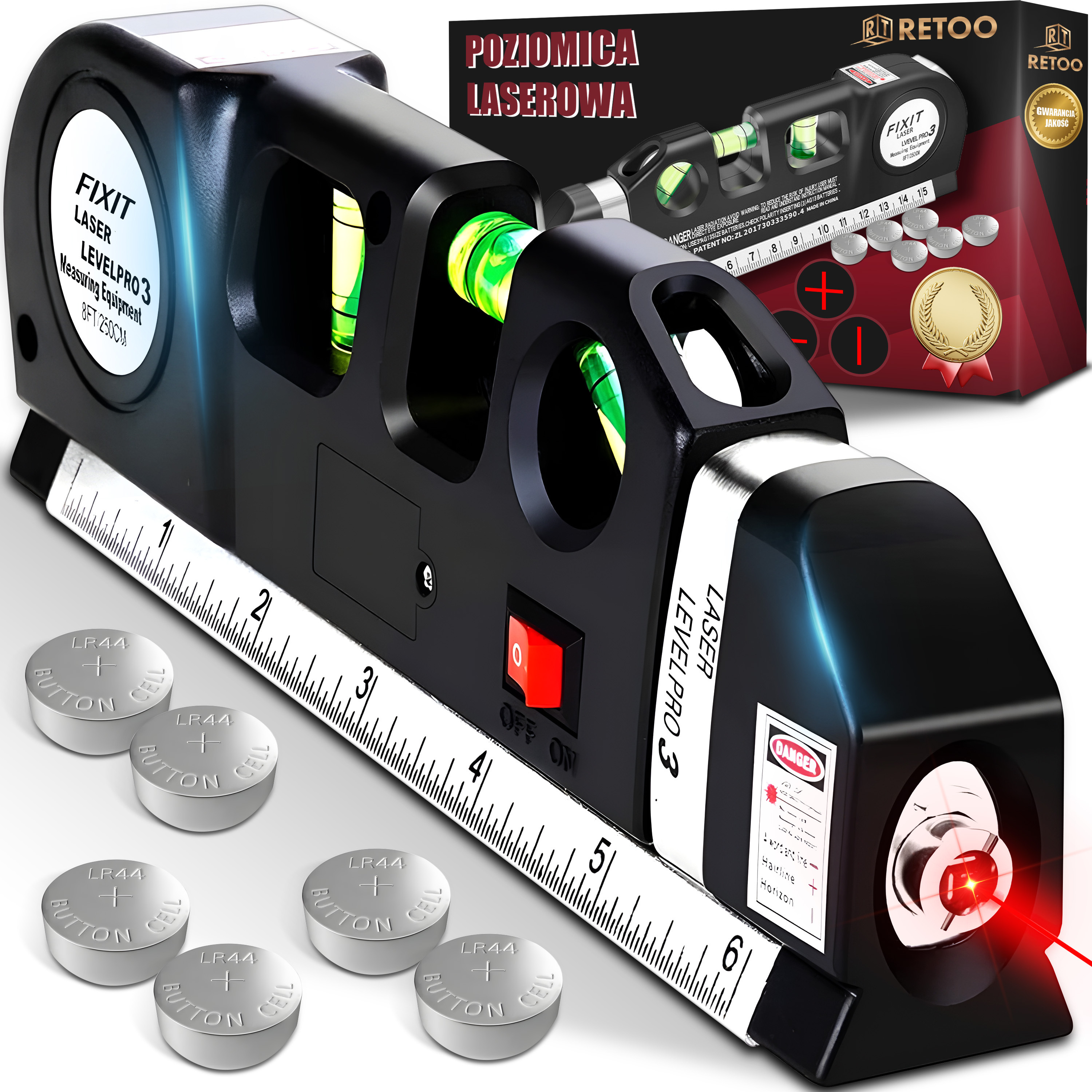 Laser Wasserwaage Kreuzlinienlaser mit Bandmaß 250cm 16cm Wasserwaage Laserwasserwaage Laser-wasserwaage Level Laserwaage Schnurwasserwaage Retoo E337