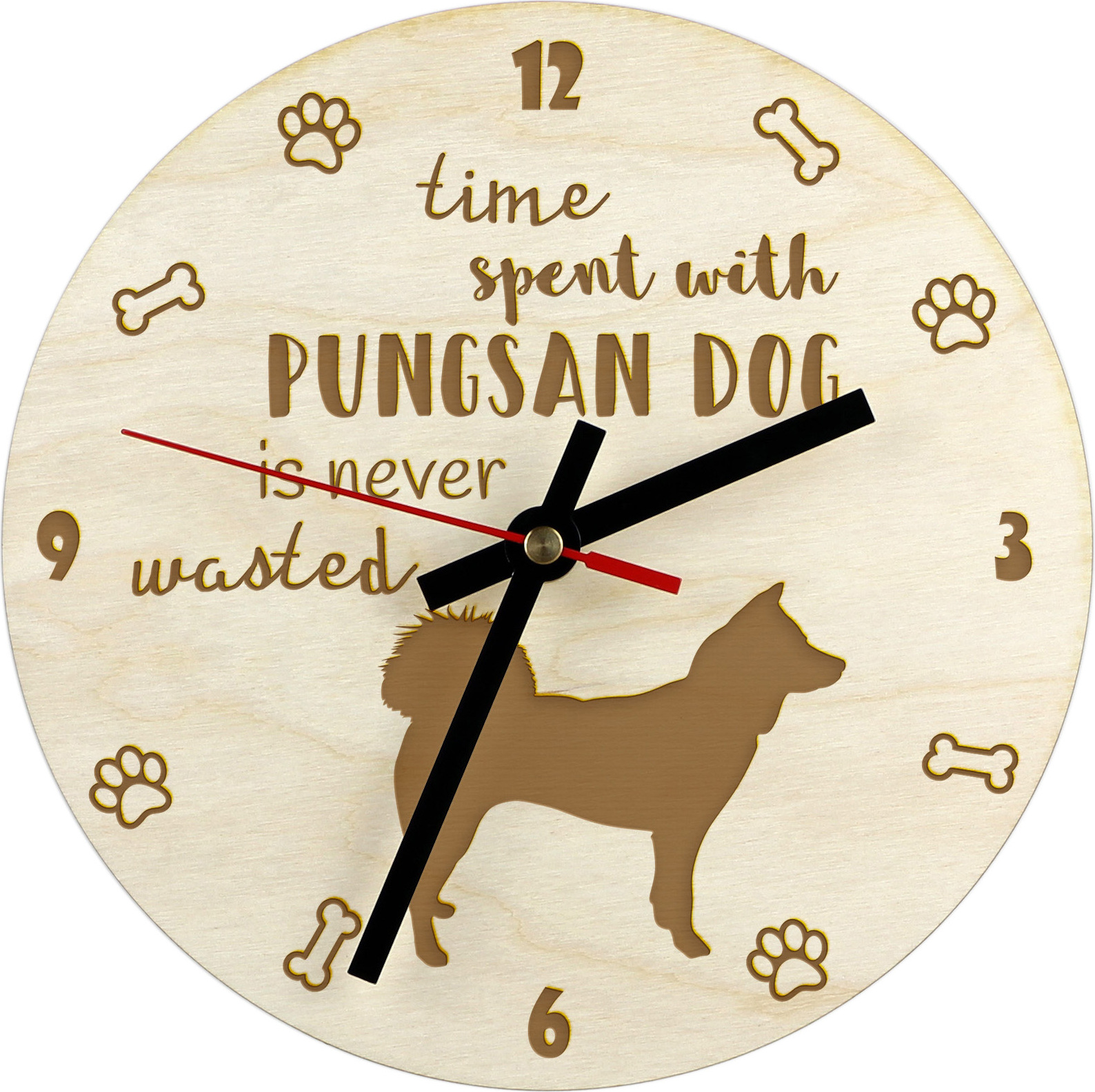 Pungsanský pes - hodiny so psom, drevené hodiny s gravírovaním, personalizované hodiny od Art-Dog
