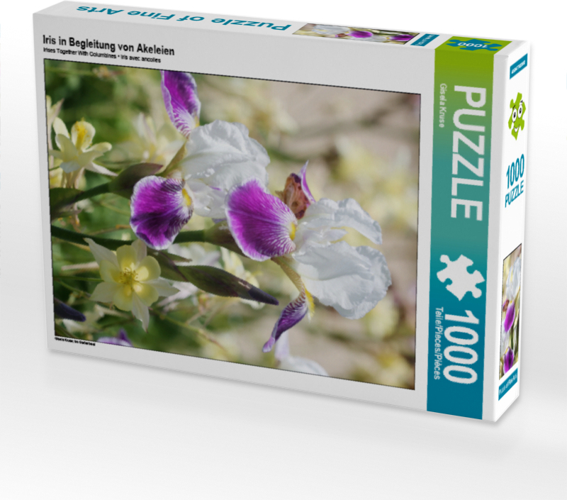 CALVENDO Puzzle Iris in Begleitung von Akeleien | 1000 Teile Lege-Größe 64x48cm Foto-Puzzle für glückliche Stunden
