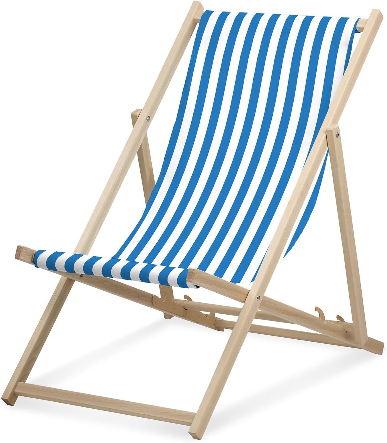 Lehátko - úzke pruhované - svetlomodré - skladacie - z bukového dreva - nosnosť do 95 kg - 3-smerovo nastaviteľné operadlo - plážové lehátko