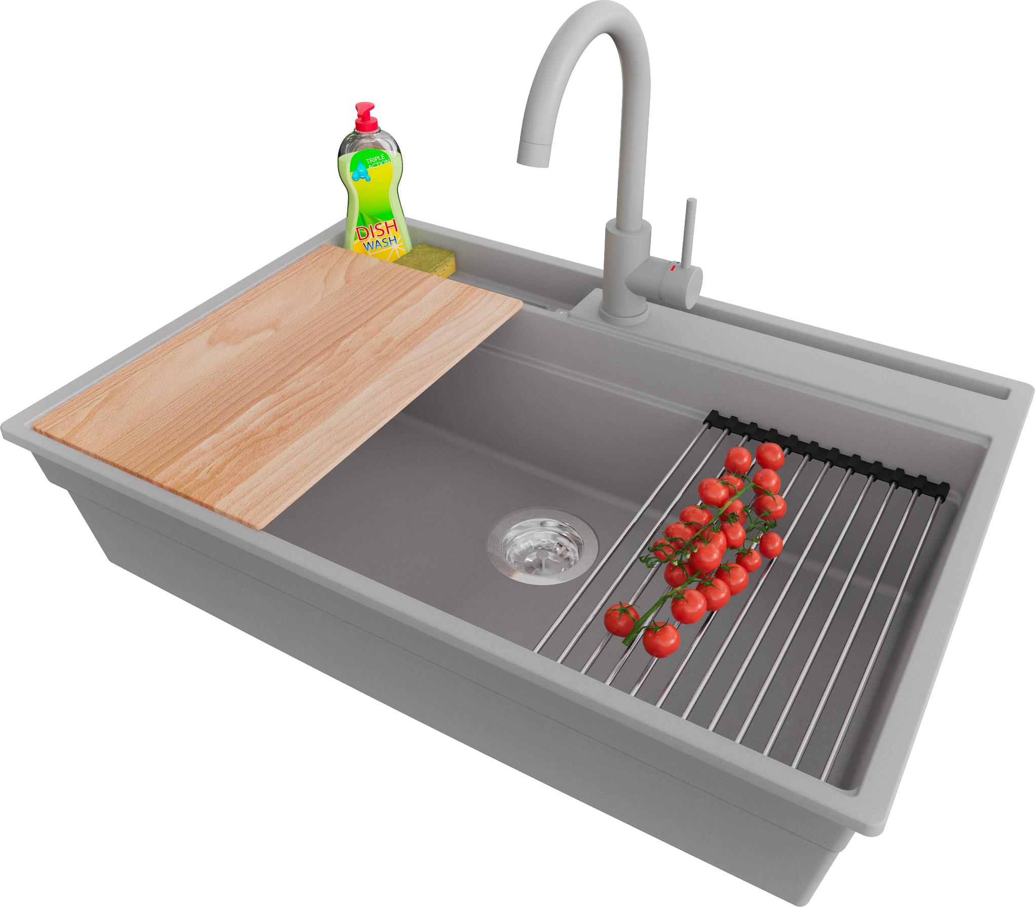 PRIMAGRAN Granitspüle Grau 78x53cm, Spülbecken 1 Becken + Küchenarmatur 32x20cm + Ablauf-Set + Küchenzubehörset, Küchenspüle ab 80er Unterschrank - Oslo Pocket