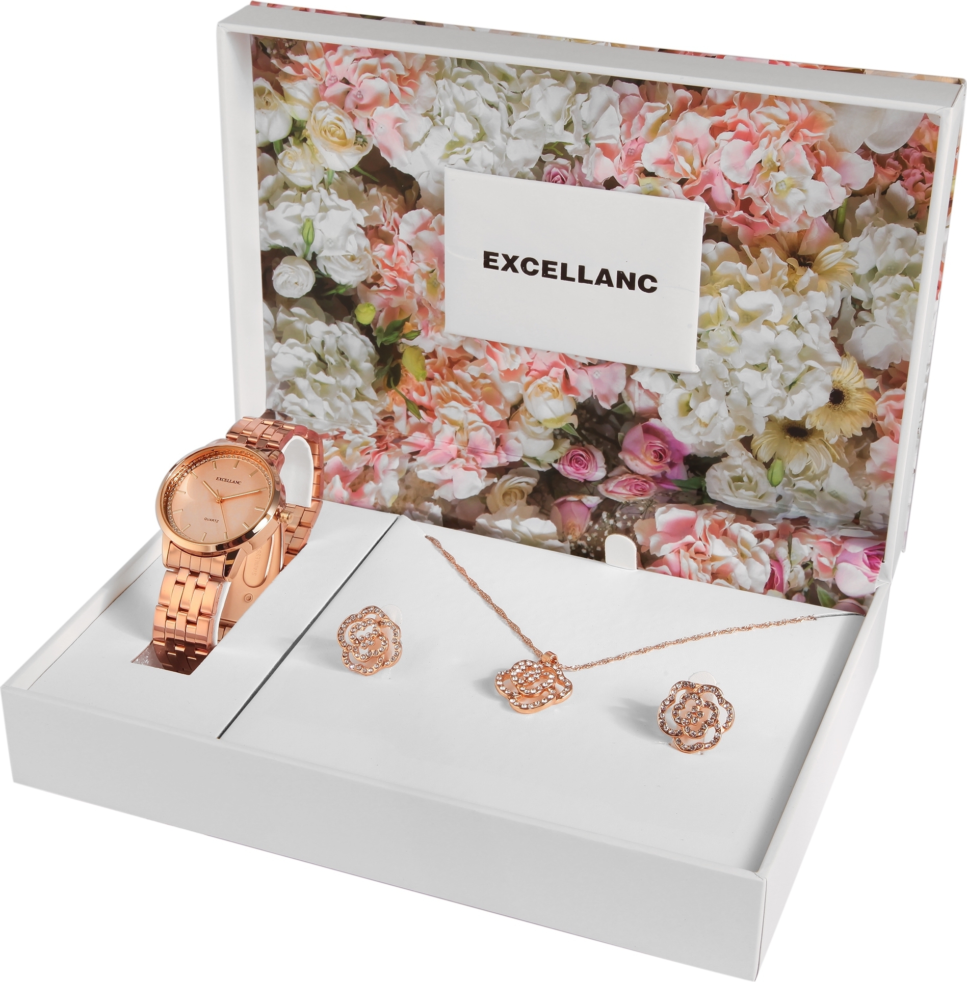 Excellanc Geschenkset mit Damenuhr, Halskette und Ohrsteckern
