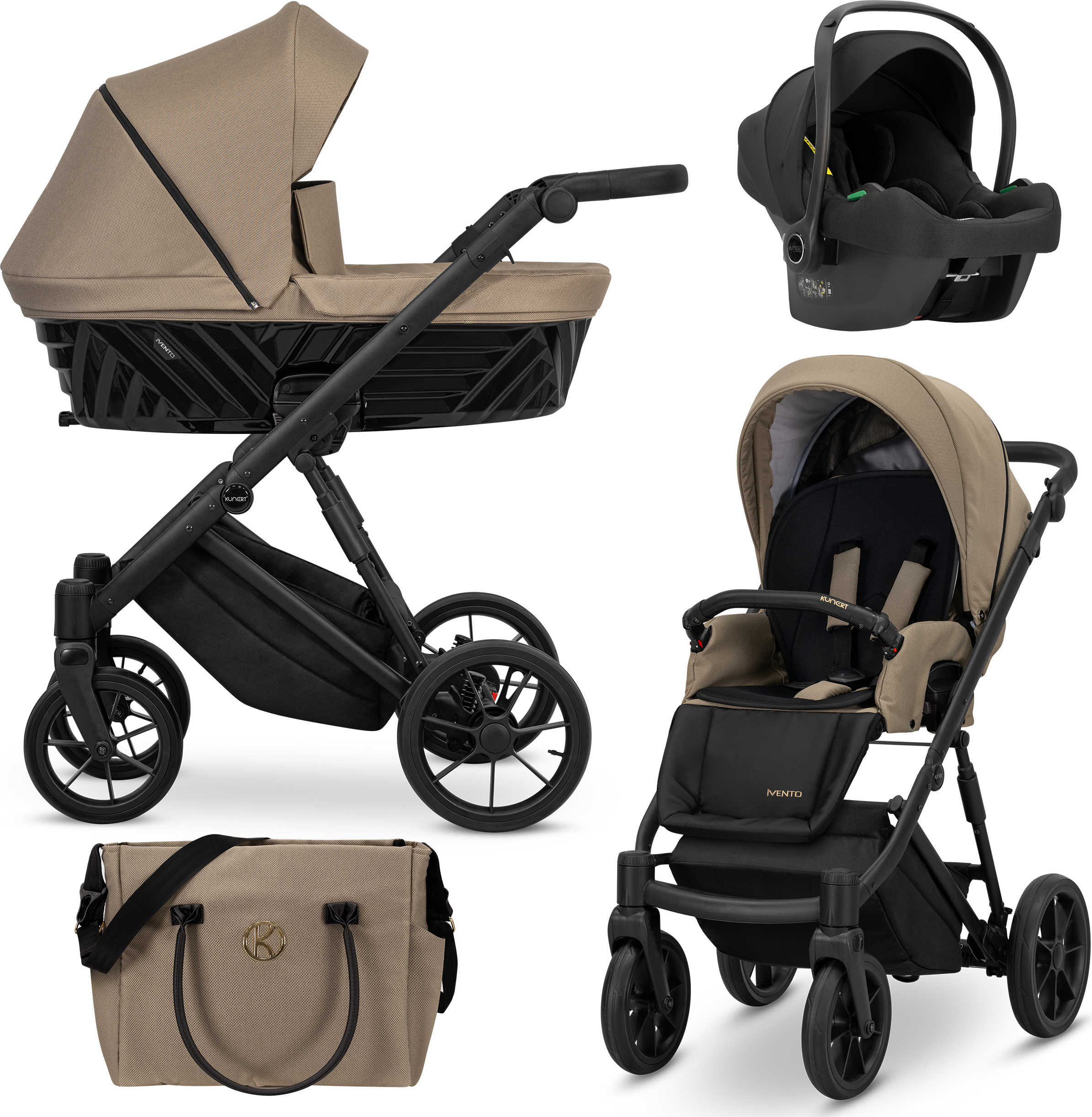 Kunert Kinderwagen IVENTO Sportwagen Babywagen Babyschale Komplettset Kinder Wagen Autositz Set 3 in 1 (Caramel Macchiato, Rahmenfarbe: Schwarz)