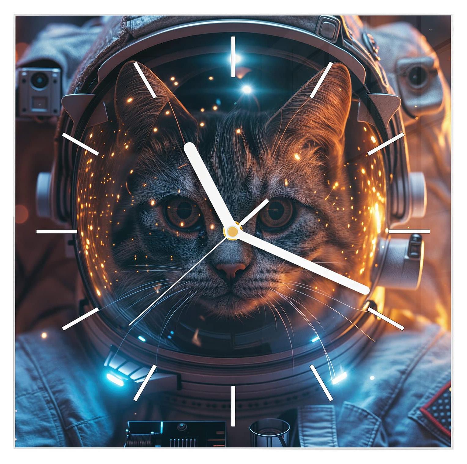 Primedeco Wanduhr aus Glas mit Motiv Katze im Raumanzug- 30 x 30 cm - inkl. Aufhängesystem