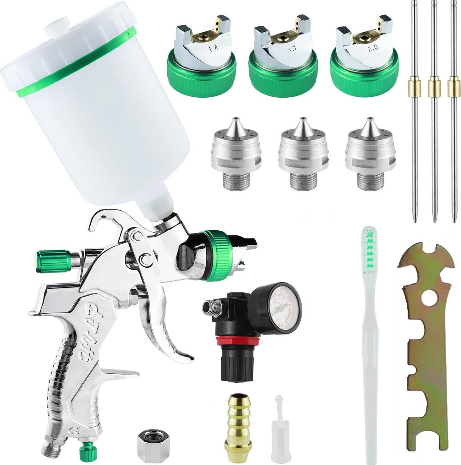 COOAU Lackierpistole SET 1,4 + 1,7 + 2 mm HVLP Sprühpistole Spritzpistole, Düse:1.4 + 1.7 + 2mm, Spritzpistole Sprühpistole Airbrushpistole TL6075