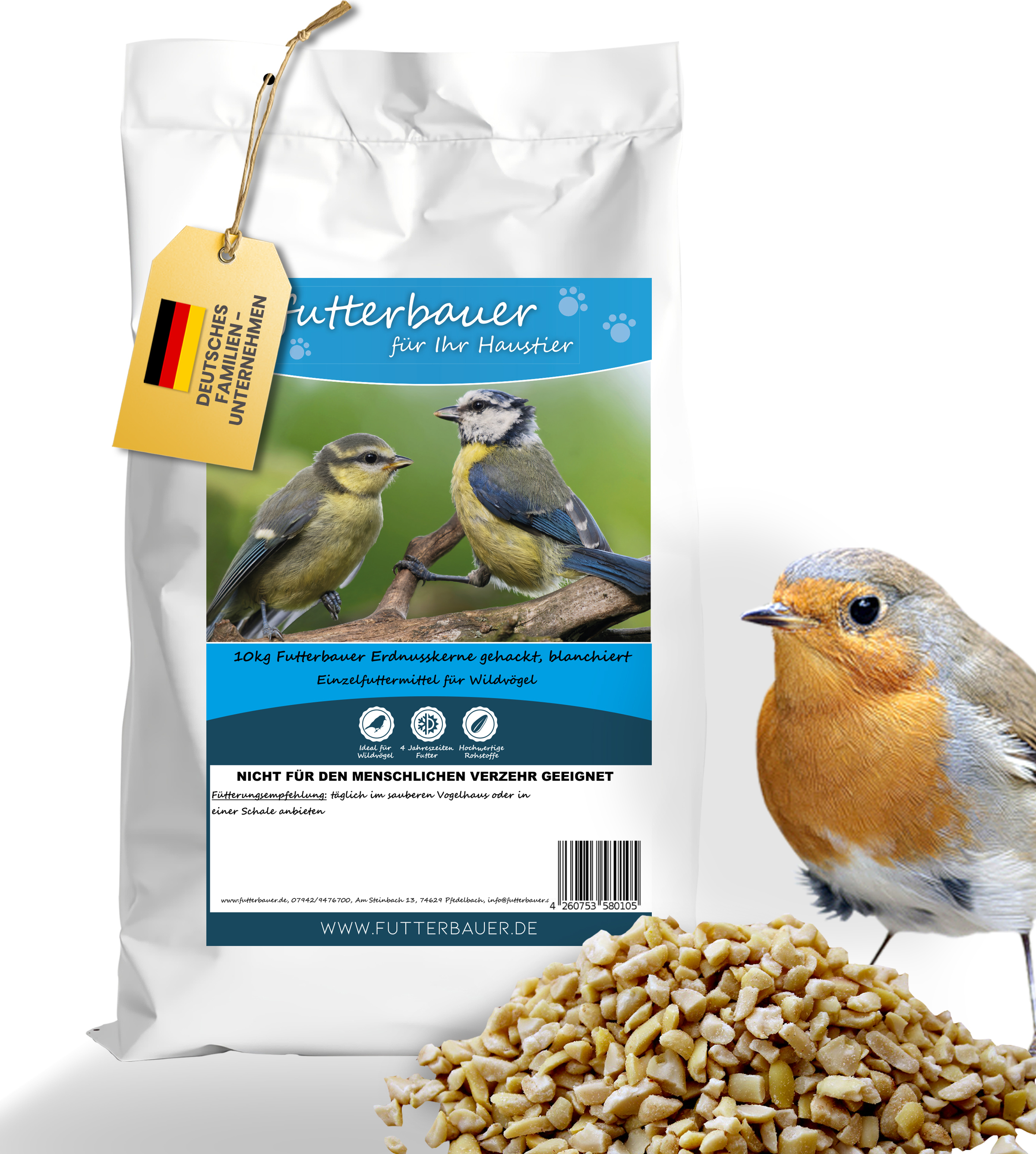 Futterbauer 10 kg Erdnusskerne gehackt weiß blanchiert ohne Haut Erdnüsse Erdnussbruch