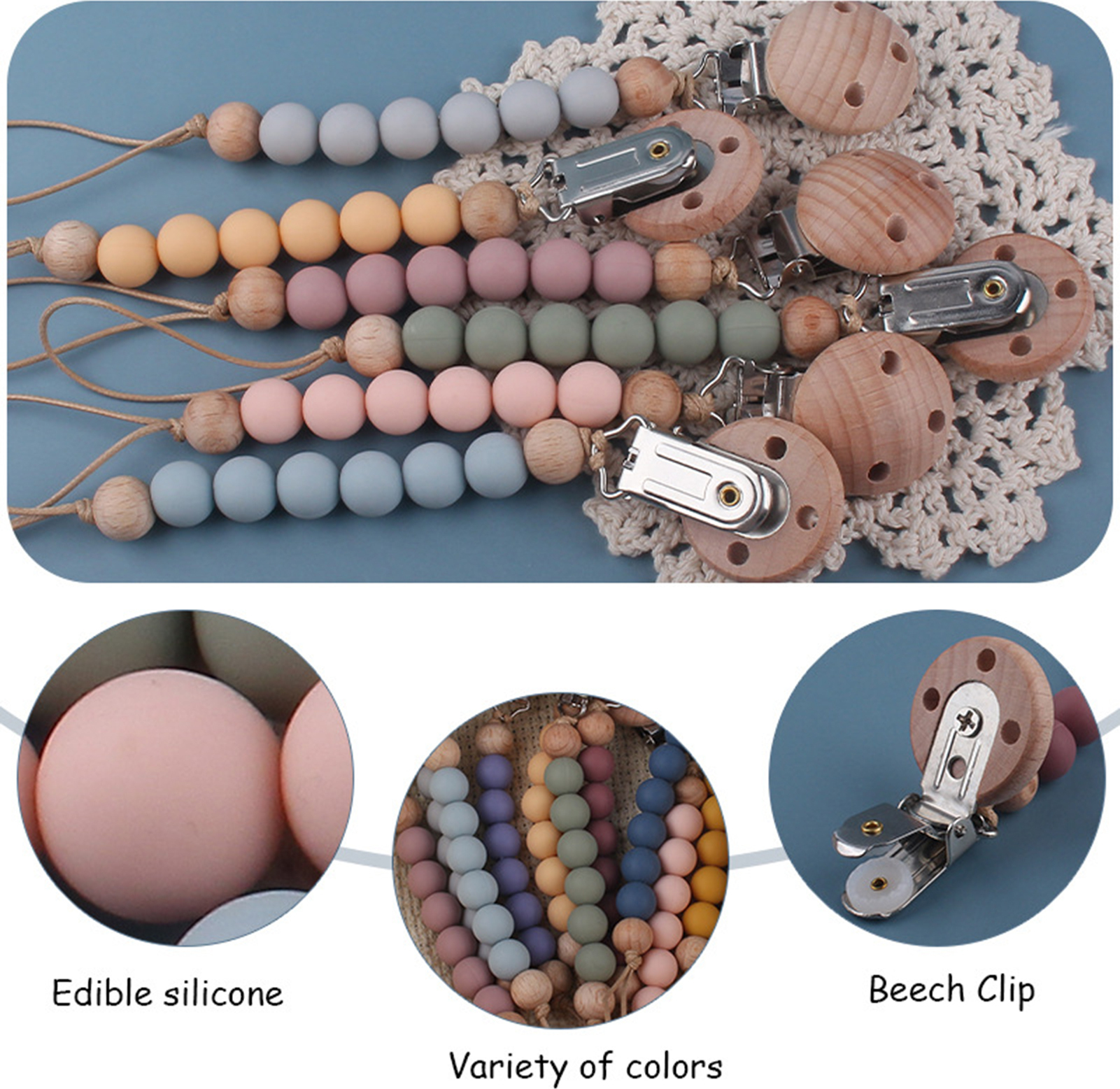 Bremen Baby-Schnullerclip, Silikonperlen, Lebensmittelqualität, BPA-frei, sichere Buche, Anti-Verlust-Beißspielzeug, Säuglings-Schnuller, Schnullerhalterkette, Babybedarf 3611685