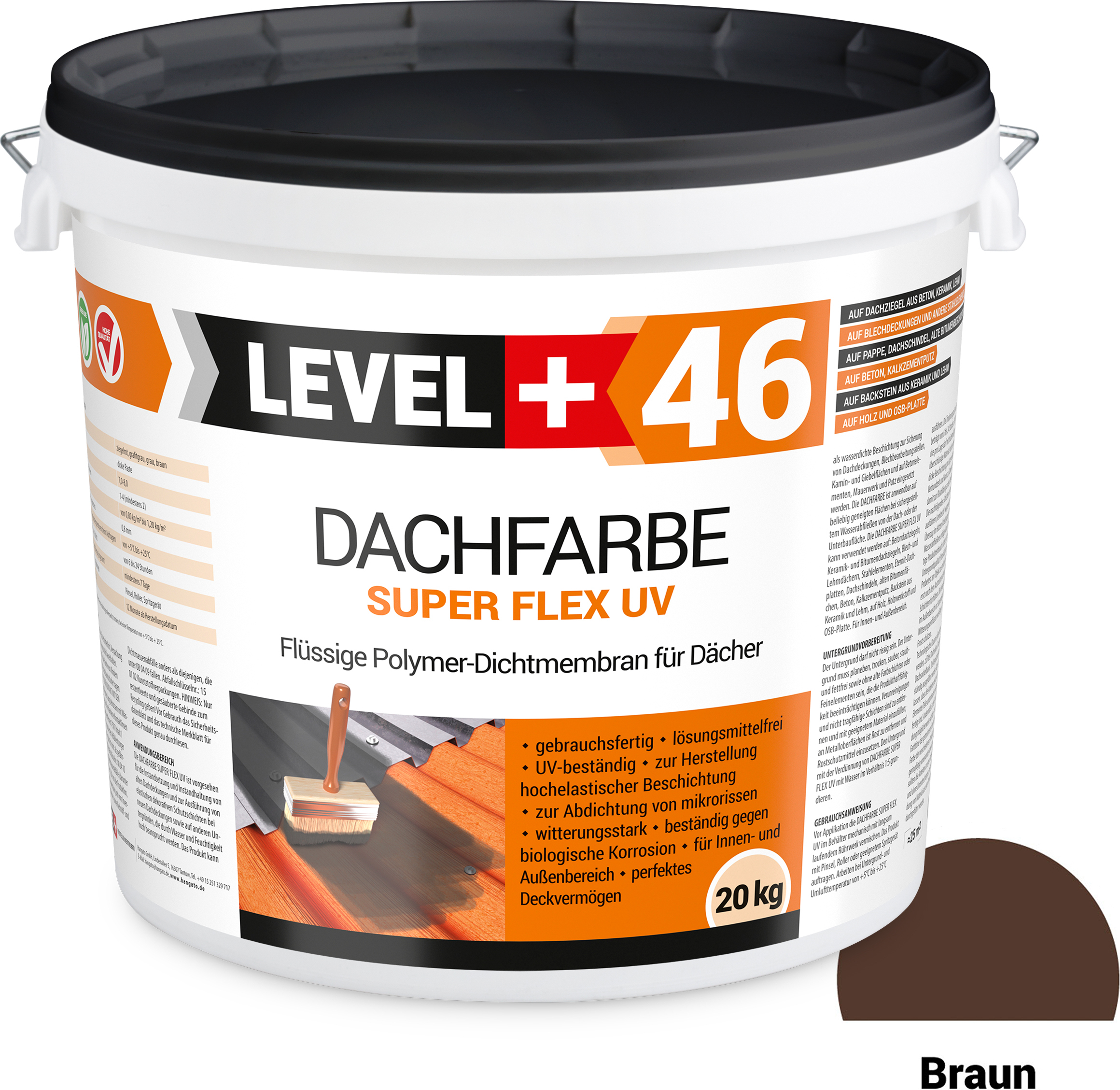 Hangato GmbH Dachfarbe elastische Sockelfarbe Dachlack UV-beständig Super Flex 20Kg Braun LEVEL+ RM46 RM46_B_20