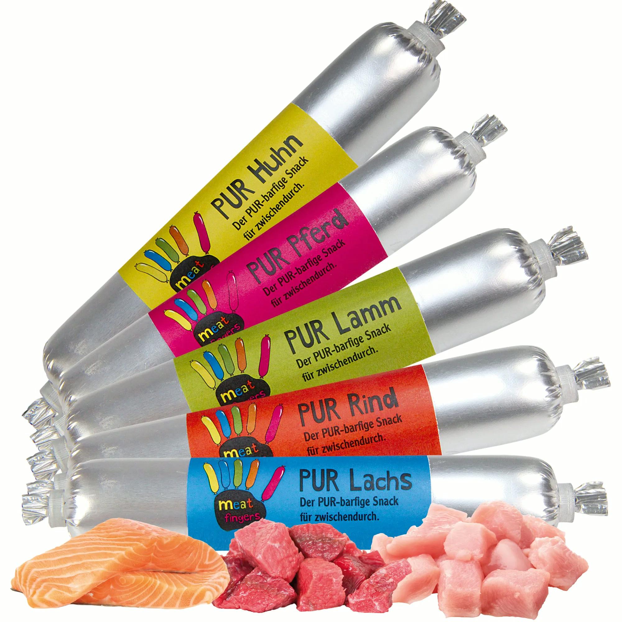 5x70g Schecker Meatfingers PUR Mix je einmal Huhn, Lachs, Rind ,Pferd und Lamm
