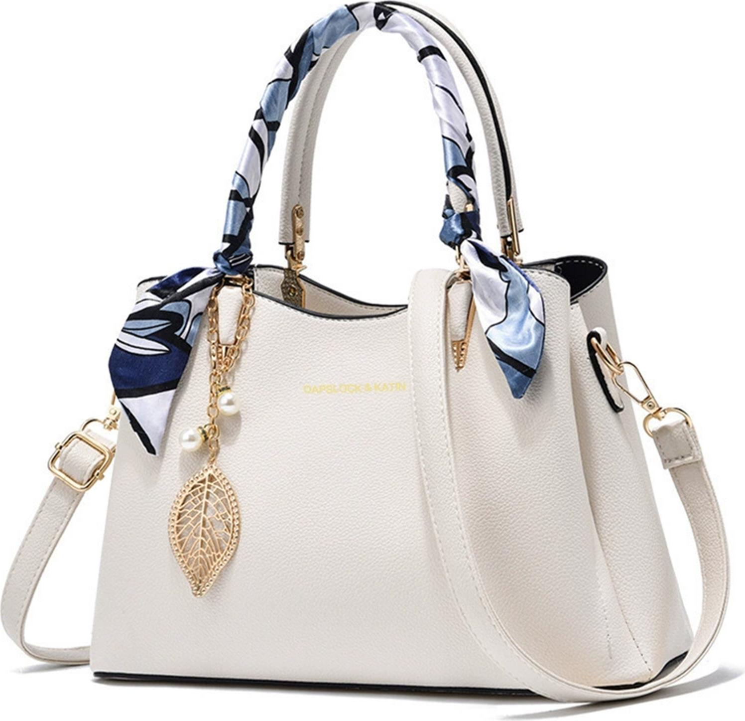 MODFU Handtaschen, Damen Handtasche Set, Schultertasche, Umhängetasche mit Blauem Seidenschal, Elegant & Vielseitig, Groß & Geräumig, Alltag, Büro, Shopping, Reisen, Weiß