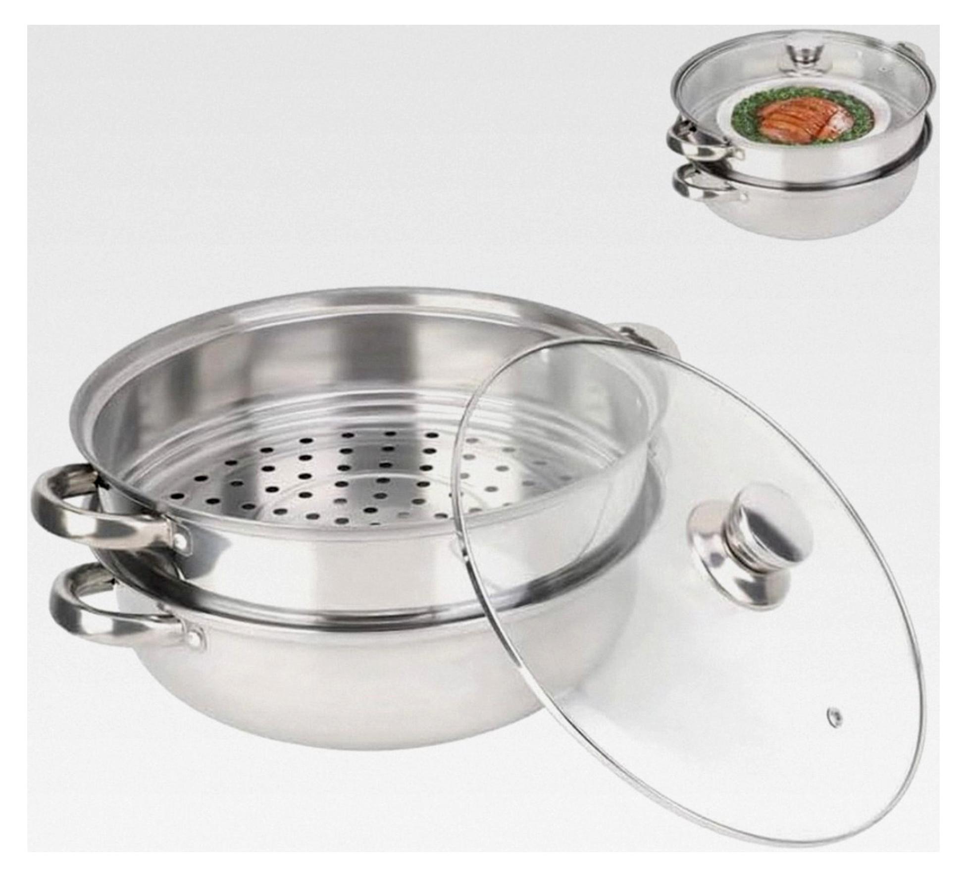 Markenlos Dampfgarer aus Edelstahl, 27 cm, 2-lagiger Dampftopf mit Deckel für Suppen und Dämpfen