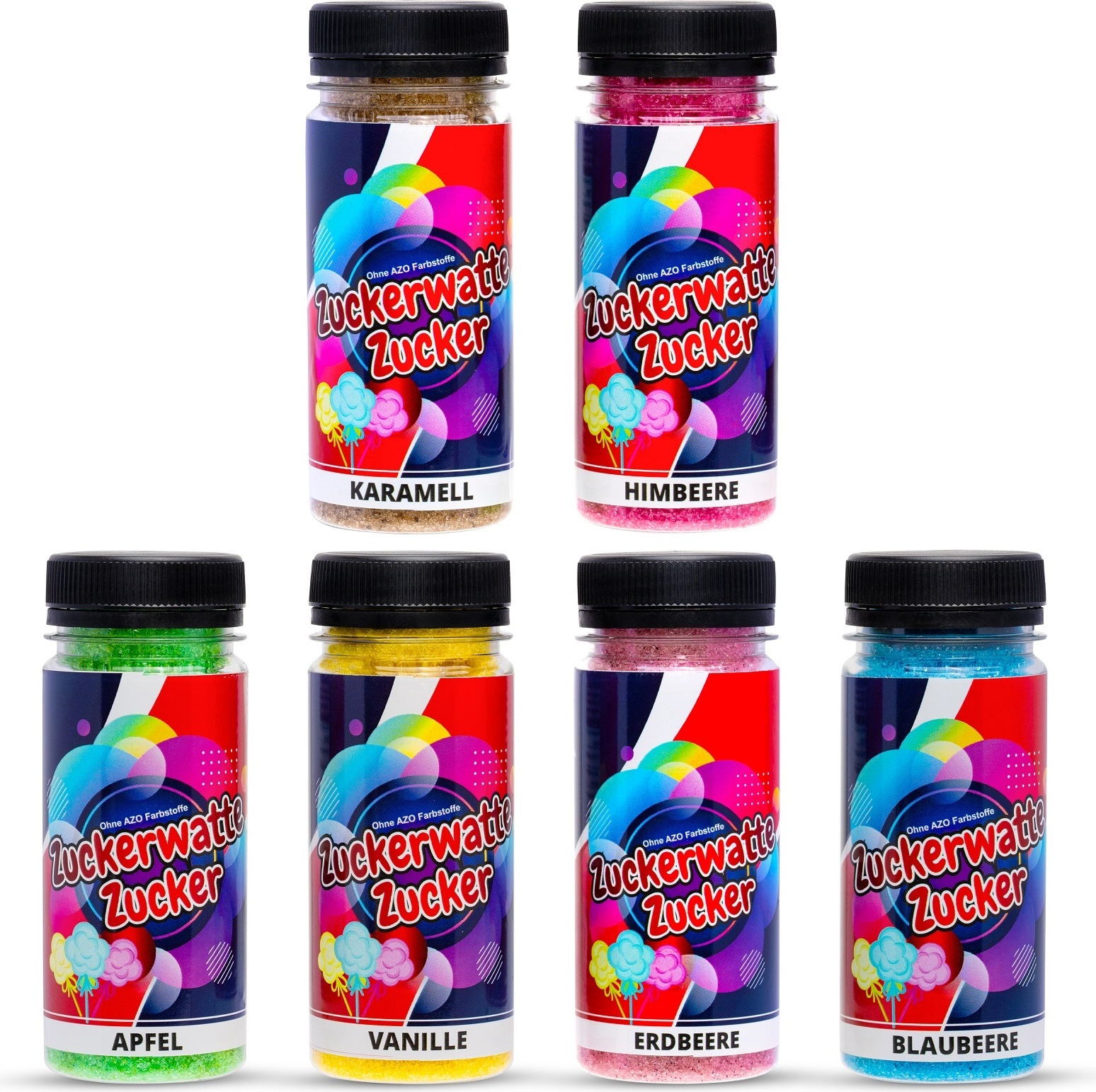 Hopser Funfood Zuckerwatte Zucker Set 6 Sorten je 100g für Zuckerwatte Maschine AZO Frei Aromazucker Farbzucker Backen Dekorieren