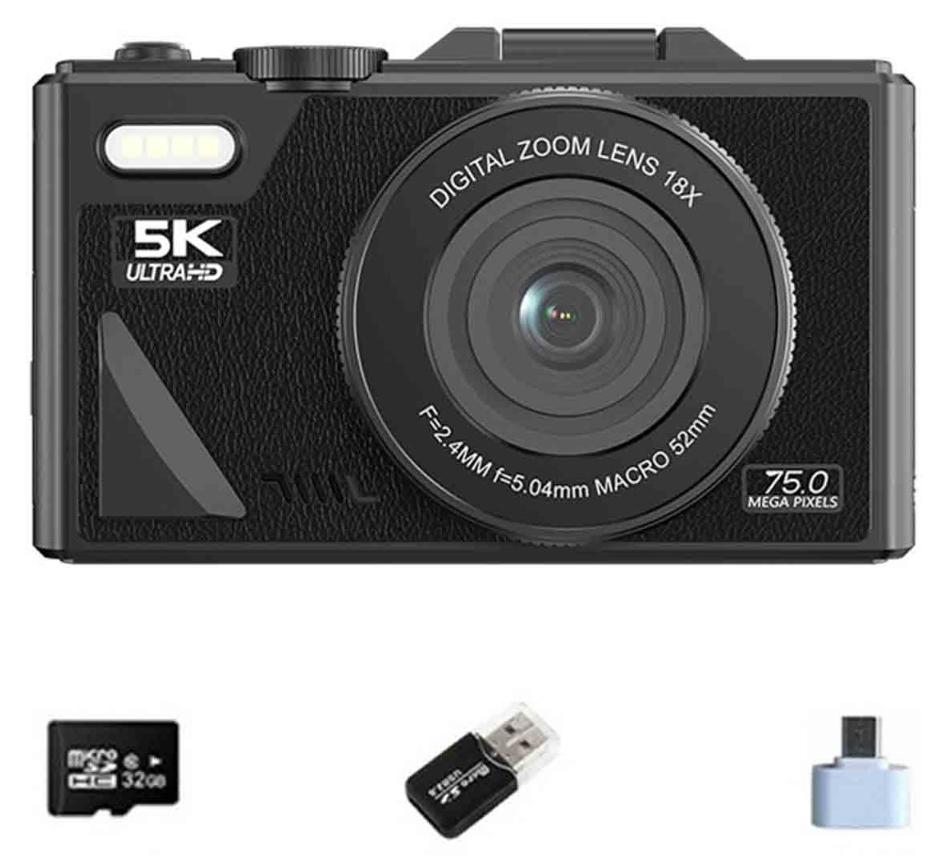 INF 5K Digitalkamera - 75MP, WiFi, Klappbildschirm, 64GB Karte & Zubehör 406754