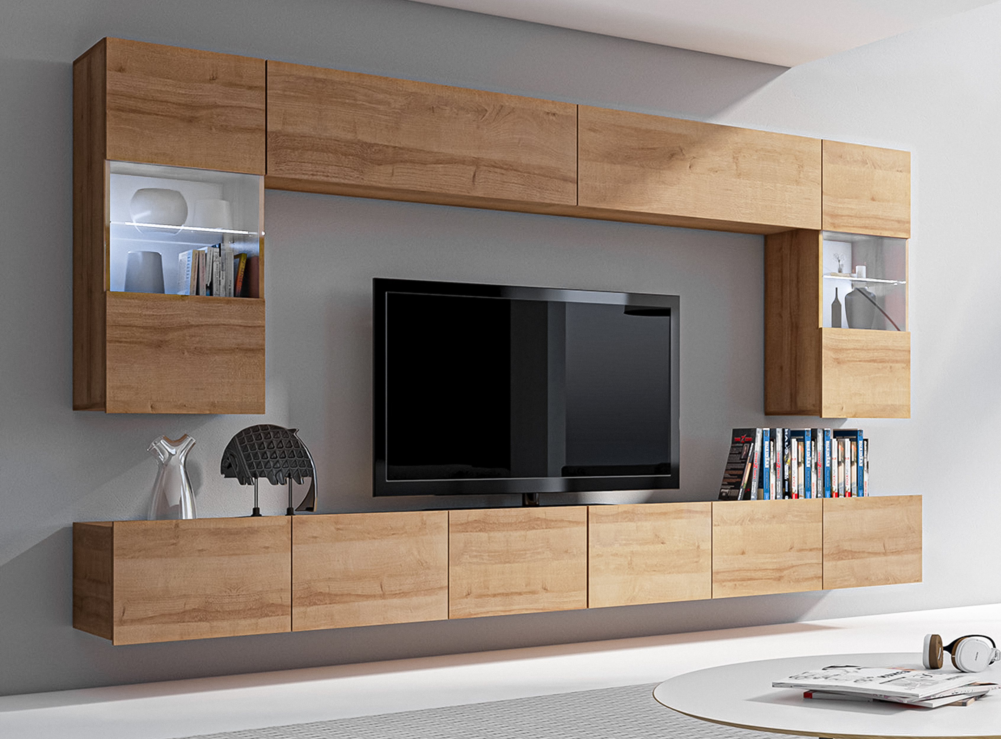 AX LIVING Wohnwand Modern Kossana 1 – 300 cm Breite, Goldene Eiche N1707