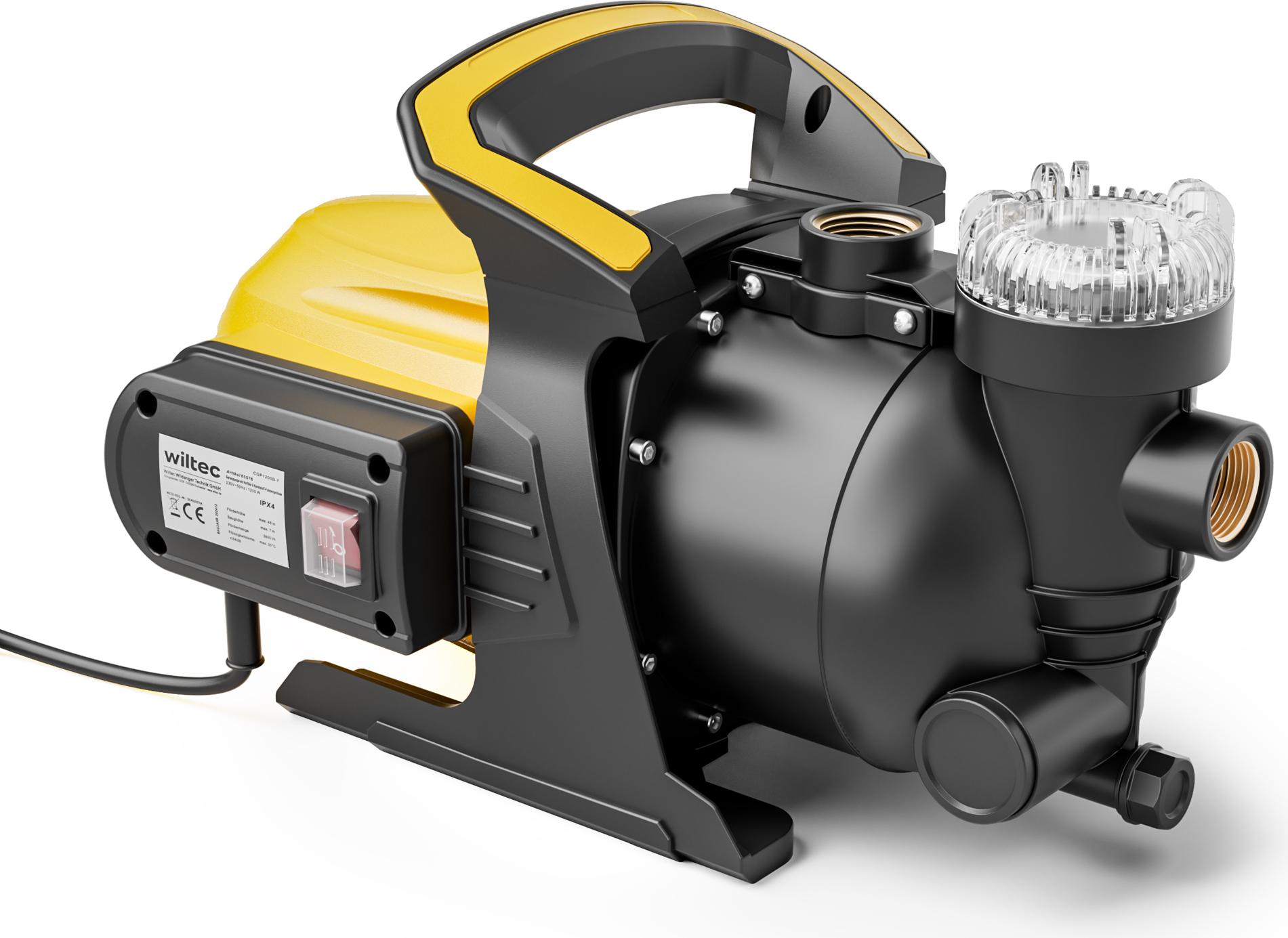 Záhradné čerpadlo Wiltec 1200 W s plastovým krytom čerpadla 3800 l/h, vodné čerpadlo s predfiltrom, zavlažovacie čerpadlo s držadlom na prenášanie pre záhradné jazierka, sudy na dážď, studne a cisterny