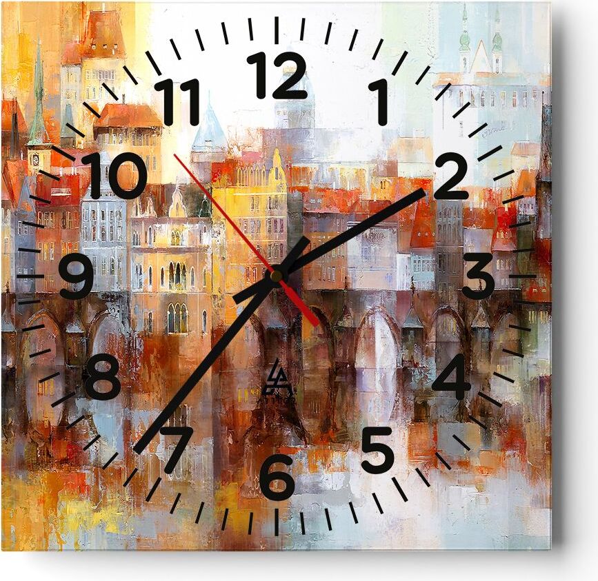 Arttor Wanduhr - Quadrat - Glasuhr - Stadt Mietshaus - 40x40cm - Schleichendes Uhrwerk - Lautlos - zum Aufhängen bereit - Dekoration Modern - Wanddekoration aus Glas - C4AC40x40-3476