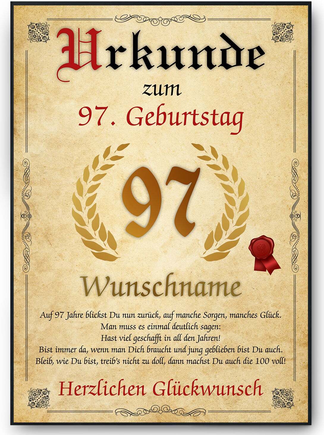 Tigerlino® Urkunde zum 97. Geburtstag personalisiertes Geschenk Jahrgang 1928 Geburtstagsurkunde 97 Jahre Geburtstagsgeschenk – DIN A4 (21x29.7cm)