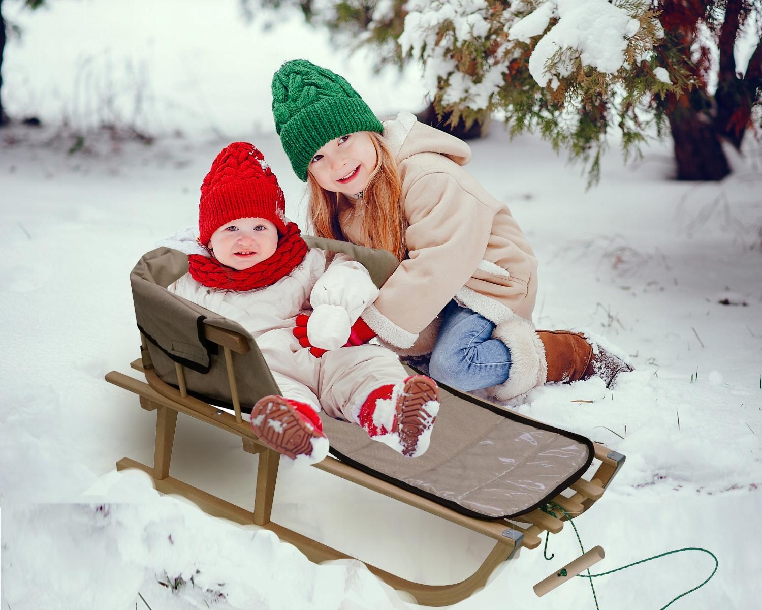 SIGMATEC Holzschlitten für Kinder mit Matratzenrückenlehne und traditionellen festen Gurten