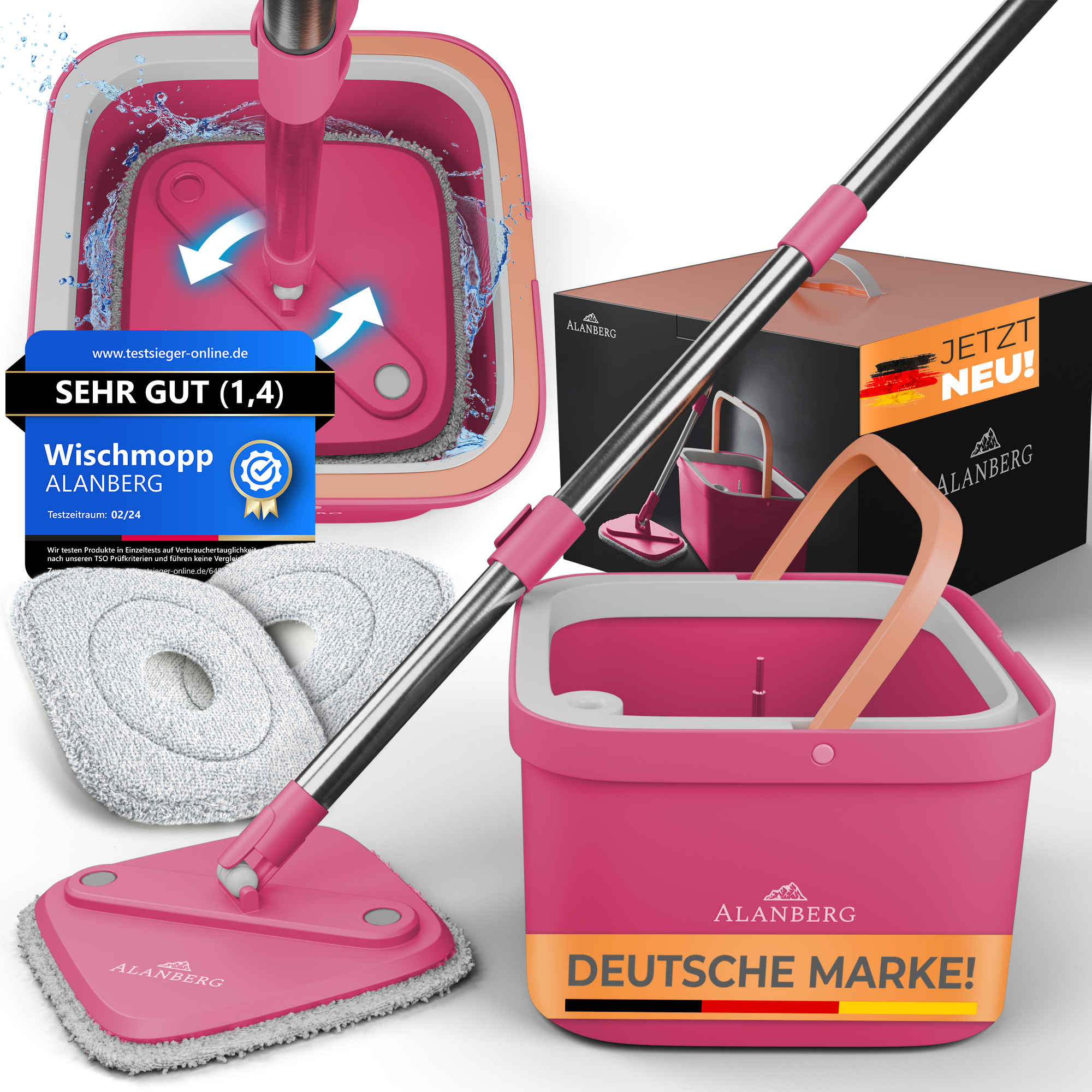 Wischmopp-Set Mit Doppelkammer-Eimer – Flachmopp, Edelstahlstiel, 2 Mikrofaser-Pads, Trocken/nass, Für Alle Böden, Waschbar, Platzsparend