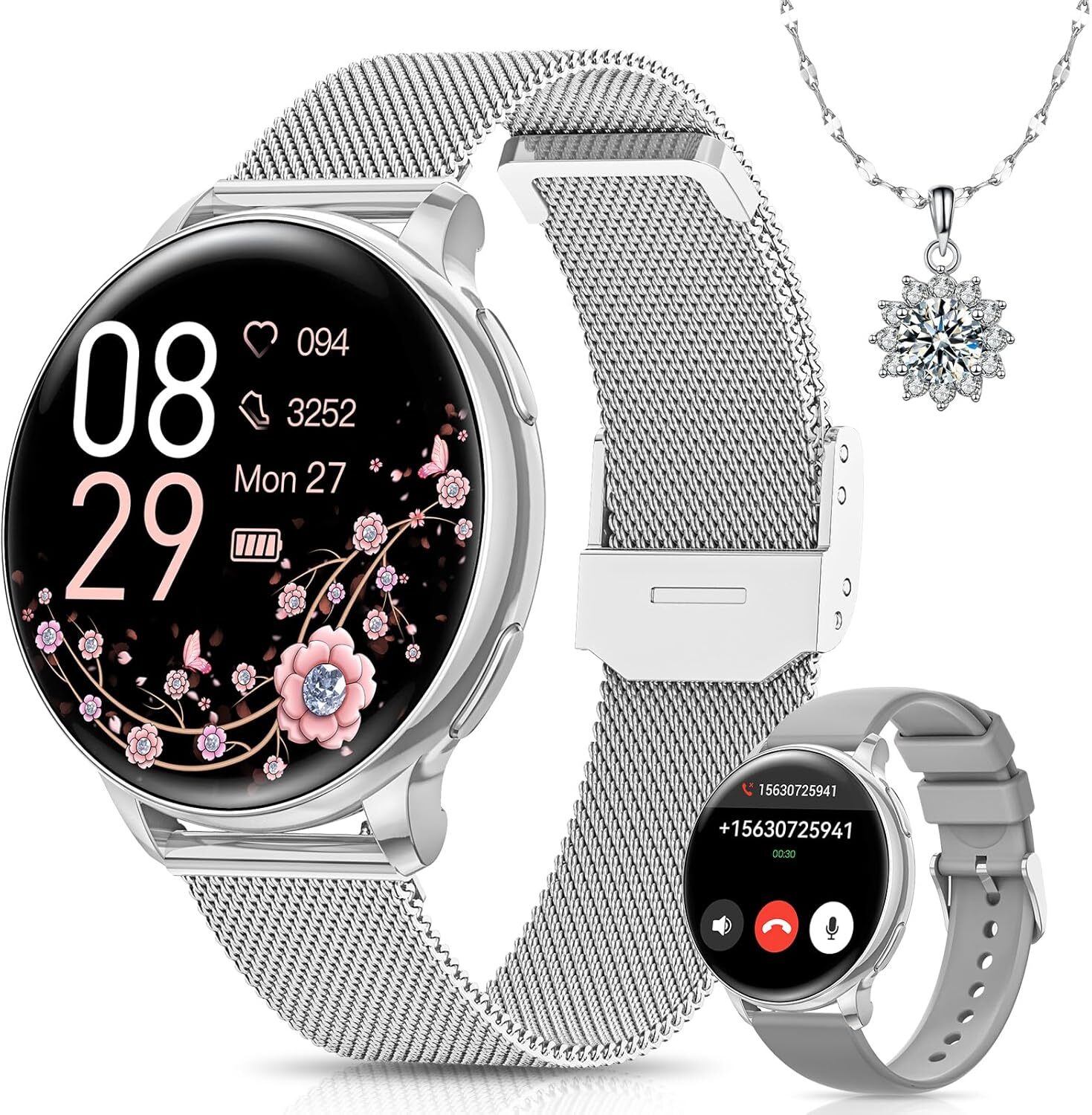 Sanorum Fur Damen mit Telefonfunktion 120+ Sport, Menstruationszyklus SpO2 Pulsmesser Schlafmonitor Schrittzähler Fitness Tracker
