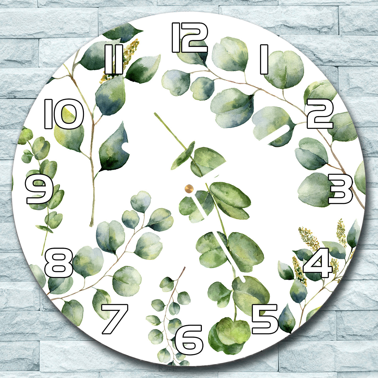 coloray Wanduhr aus Glas Rund fi 30 Eukalyptus Blüten Quarz Deko Schlafzimmer Büro zso-white-f30-bloomsy-61