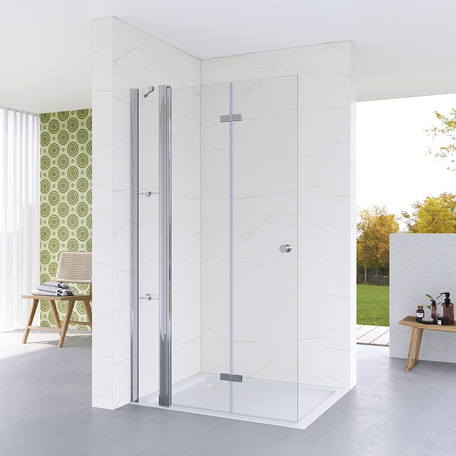 Glas walk in Duschwand mit Festteil,180° Falttür,Duschabtrennung faltbar,Begehbare Dusche,140x187 cm,5 mm Nano ESG Glas