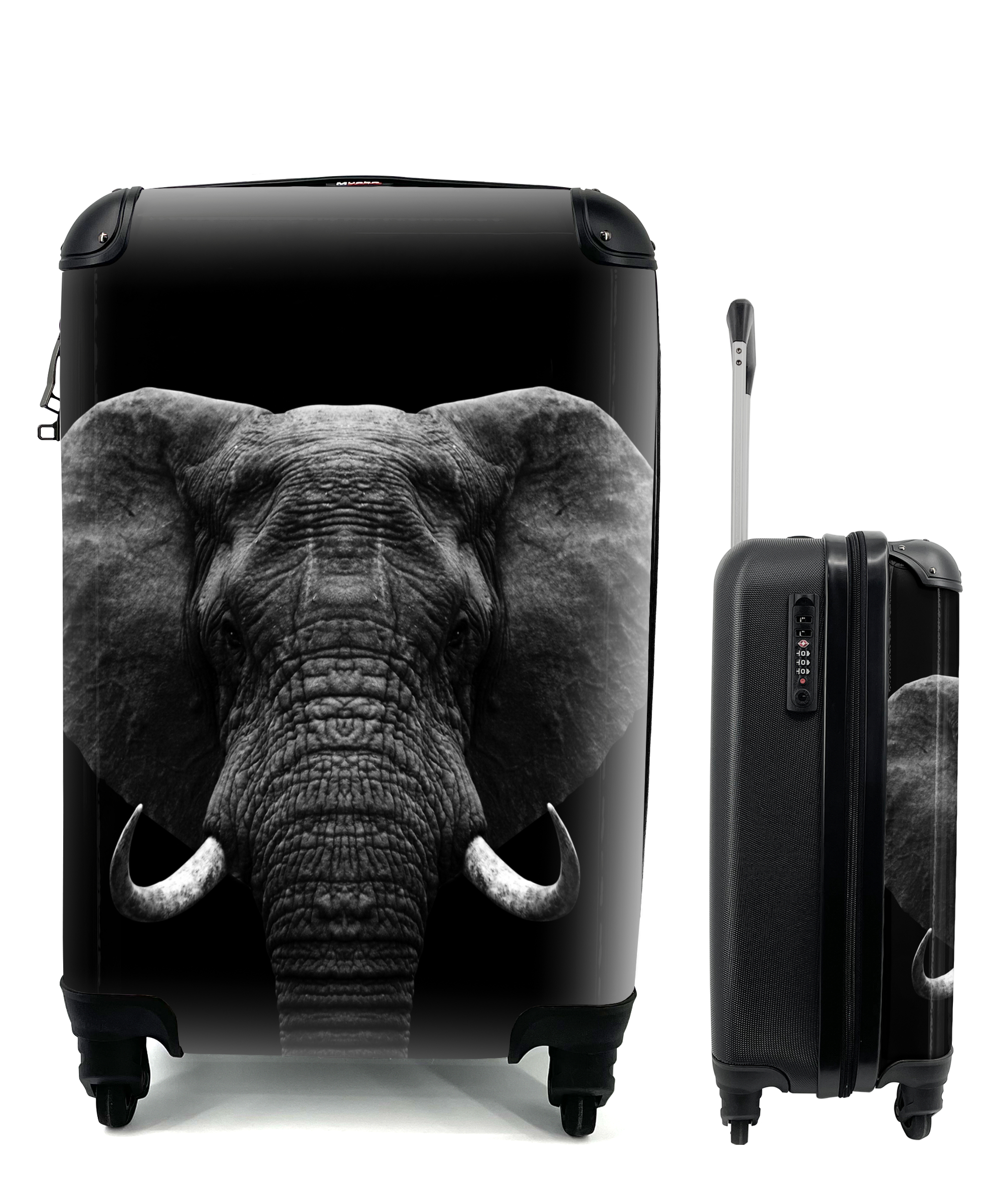 MuchoWow® Koffer Handgepäck Trolley Rollkoffer Kleine Reisekoffer mit 4 Rollen - Tiere - Elefant - Porträt - Schwarz - Weiß - Cabin Size < 55x40x23 cm & 55x40x20 cm - Fotokoffer - Kabinenkoffer - Boardgepäck - Reise-Box - Reisekoffer - Reisegepäck - Koffer mit Bild - Trolley für Kinder 68|891607772