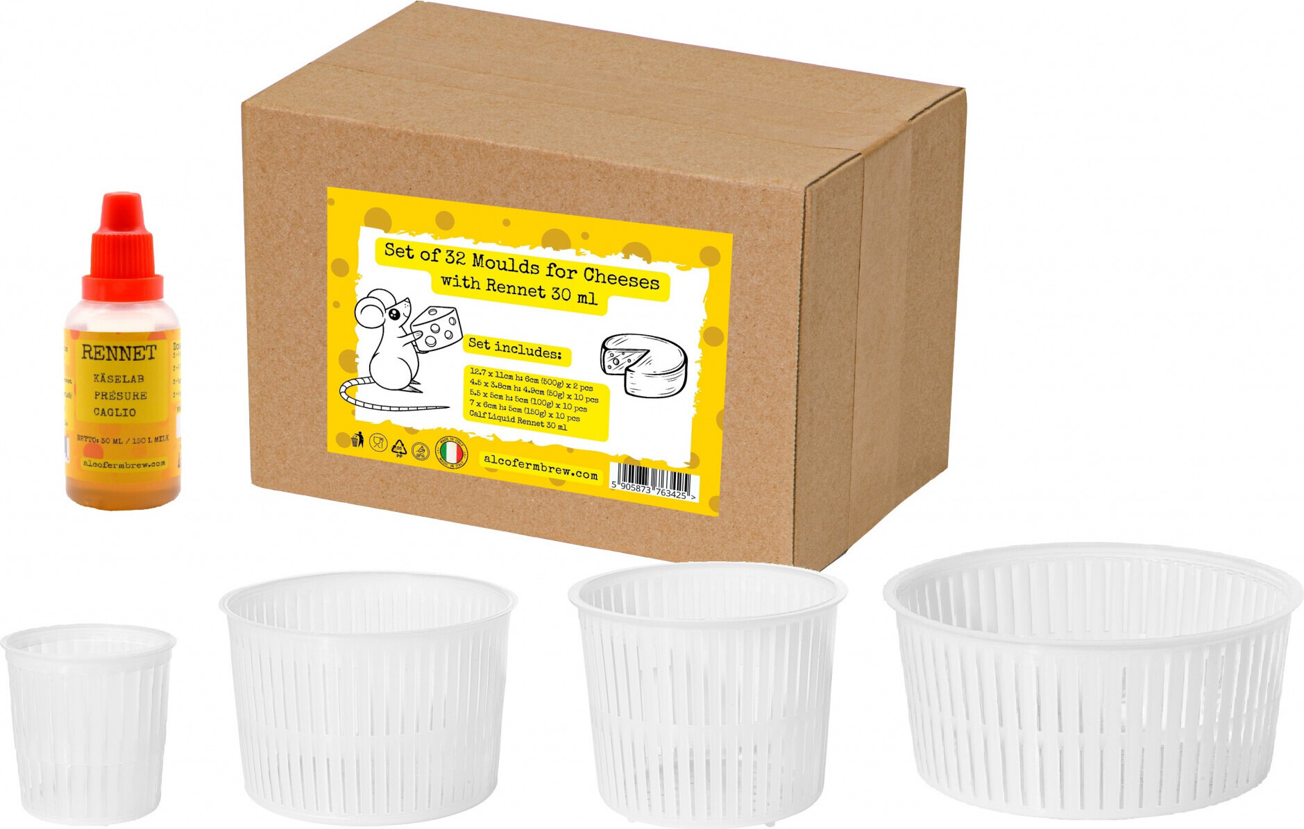 Alcofermbrew Käseformen Set inkl. 32 Stk. + Käselab 30ml Runde Käseformen, Käseform aus Kunststoff für Weichkäse, Kase Form, Kaseform, Käse Form, Lab