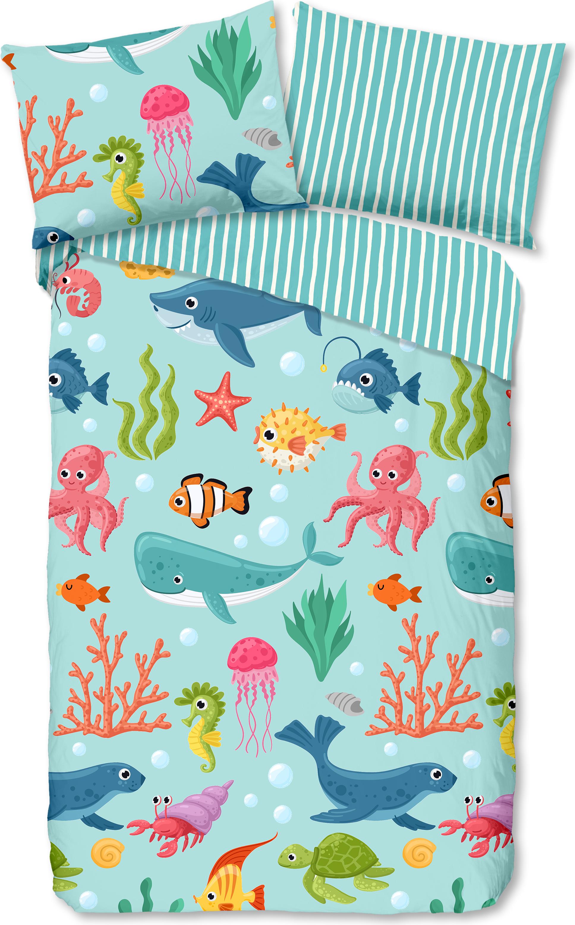 Muller Textil Good Morning Bettwäsche "Ocean" mit Meereslebewesen - Aqua - 140 X 200 cm - 100% Baumwolle