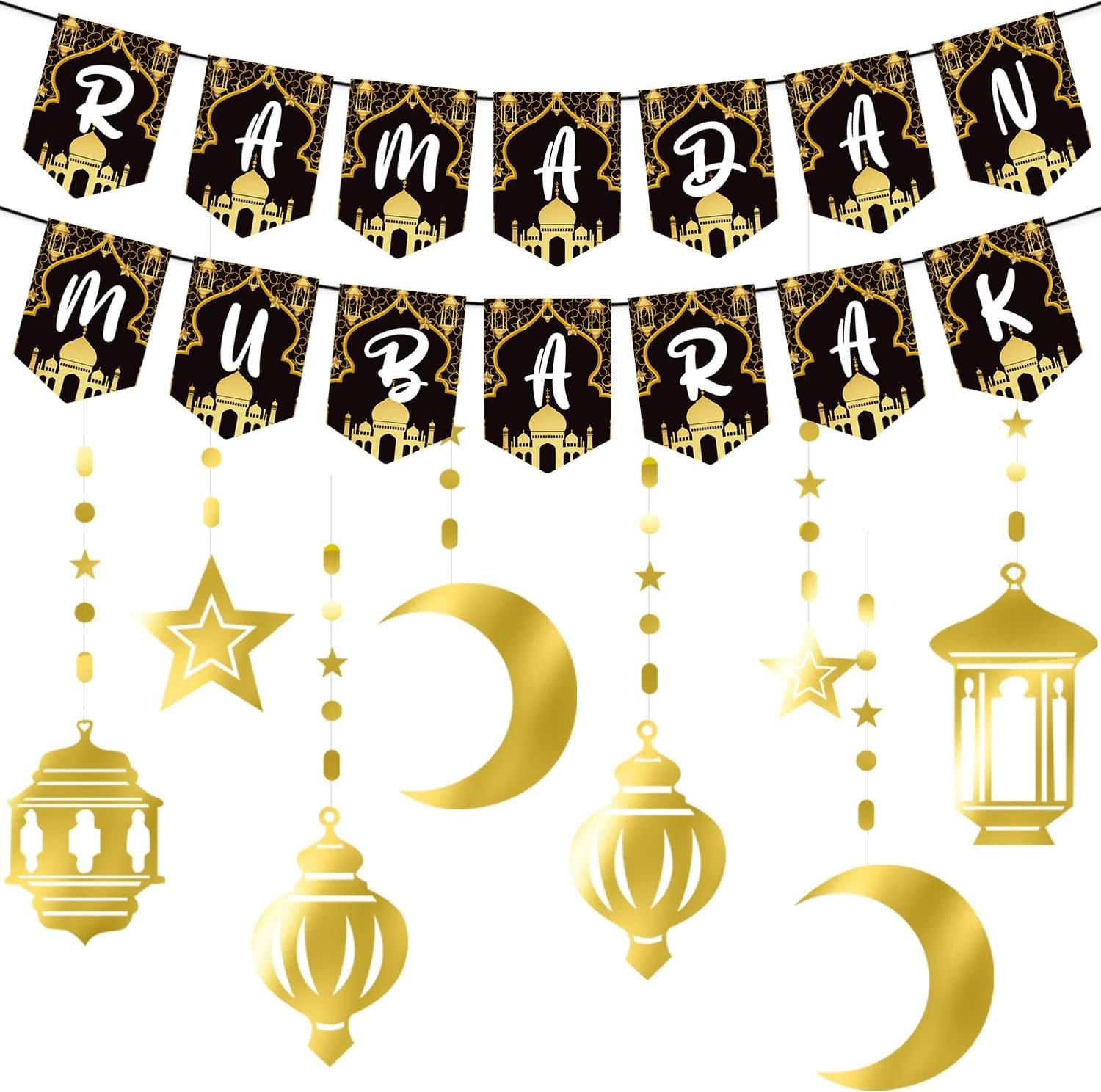 Markenlos Ramadan Mubarak Eid Dekorationen Schwarz und Gold Ramadan Mubarak Banner Mond Sterne Girlande für Eid Festival Feierbedarf Ramadan Kareem Dekor