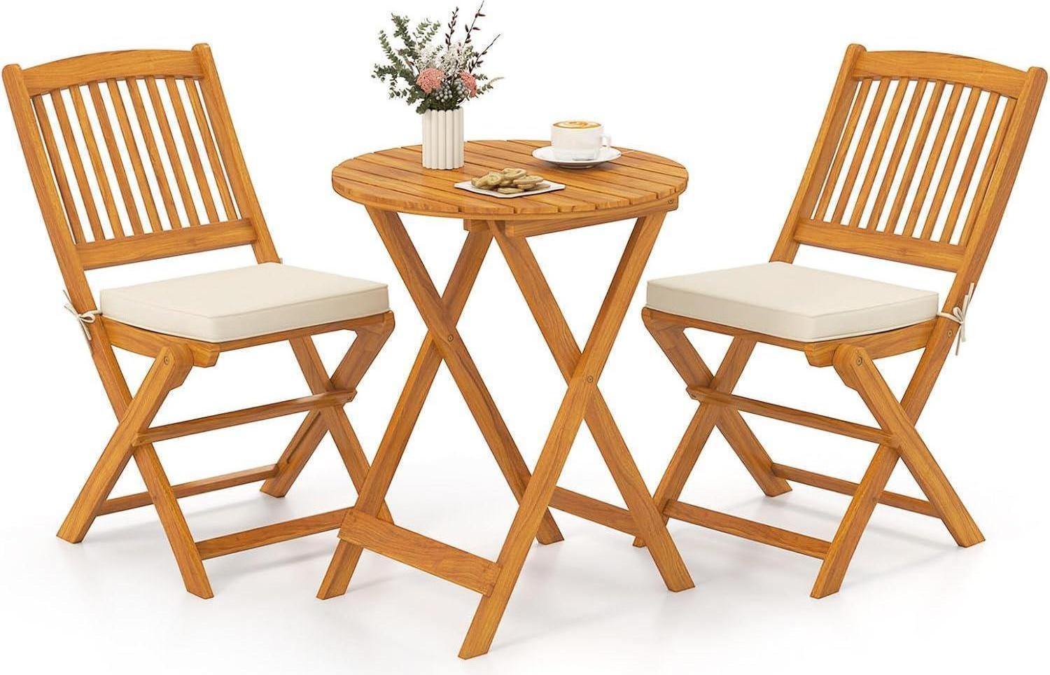 3-dielna súprava záhradného nábytku z agátového dreva rozkladací okrúhly stôl 2 stoličky vankúše béžová