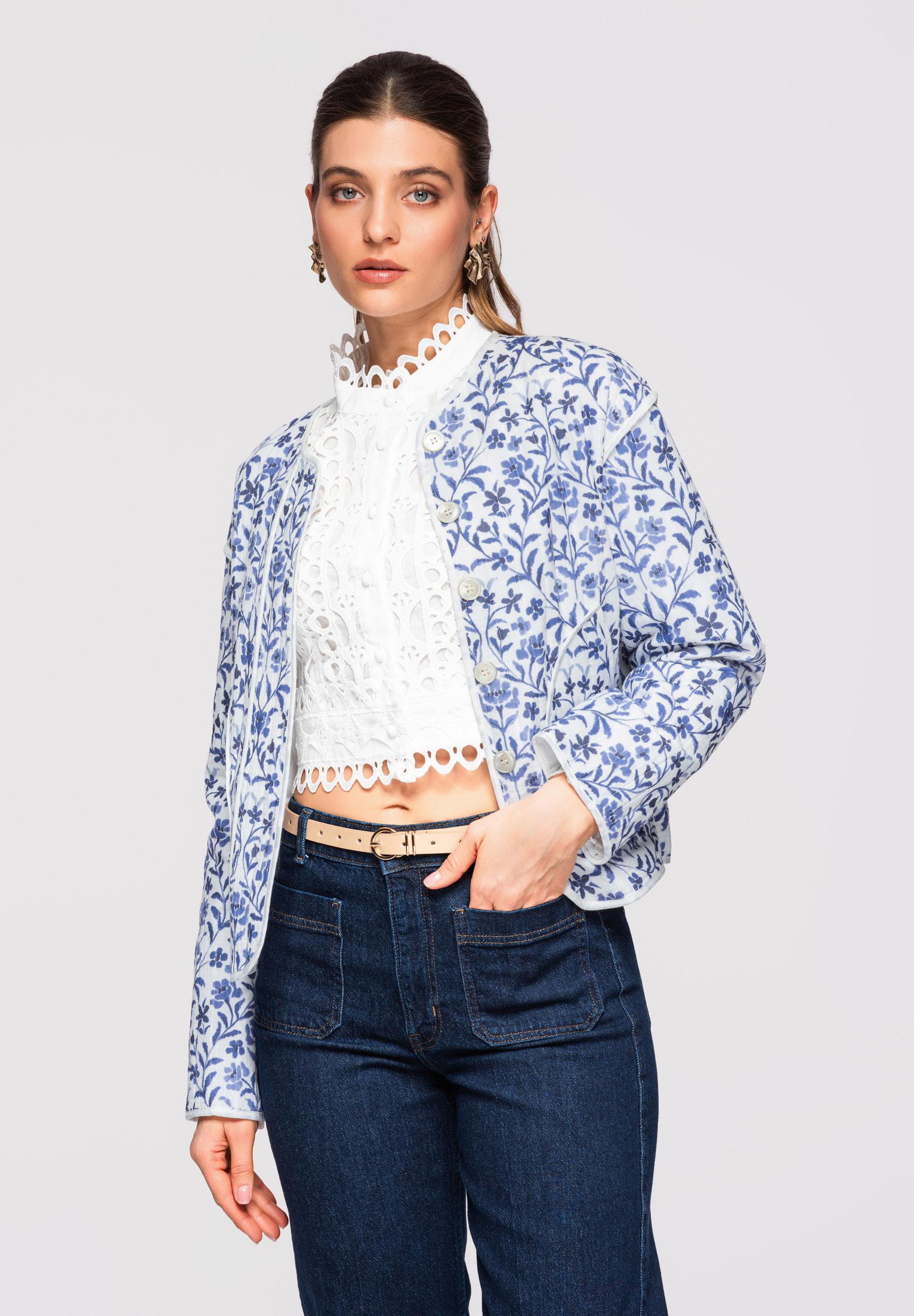 Ombre Kurze Damenjacke mit Steppmuster und floralem Print blau M/L 183754