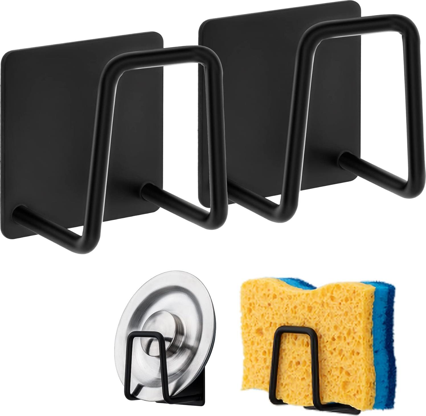 Jormftte Schwammhalter - Spülschwammhaken aus Edelstahl 304, selbstklebend - Spülbeckenzubehör - Klebehaken, Aufbewahrung für Küche und Bad (2 Stück, schwarz) - DKSFJKL KAU-LR-HT-CPK-PH-20250619-74