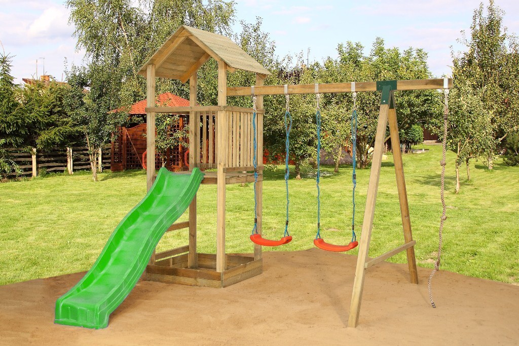 Steiner Shopping Spielturm V1 inkl. Wellenrutsche, Doppelschaukel-Anbau und Kletterseil