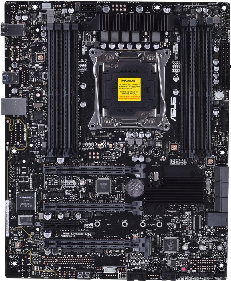 ASUS WS C422 DC Server-Mainboard, Sockel LGA2066, C422. 8 DIMM-Steckplätze, 4 PCIe-Steckplätze, 6 SATA-Steckplätze, 1 M.2 (2280), 1 Intel GbE I210-AT. ATX 90SB08J0-M0XBN1