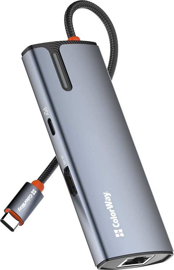 ColorWay USB-C dokovacia stanica 6 v 1, rozbočovač USB 6 v 1, 100 W PD, 3x USB 3.0, 4K HDMI, RJ45 Ethernet, šedá