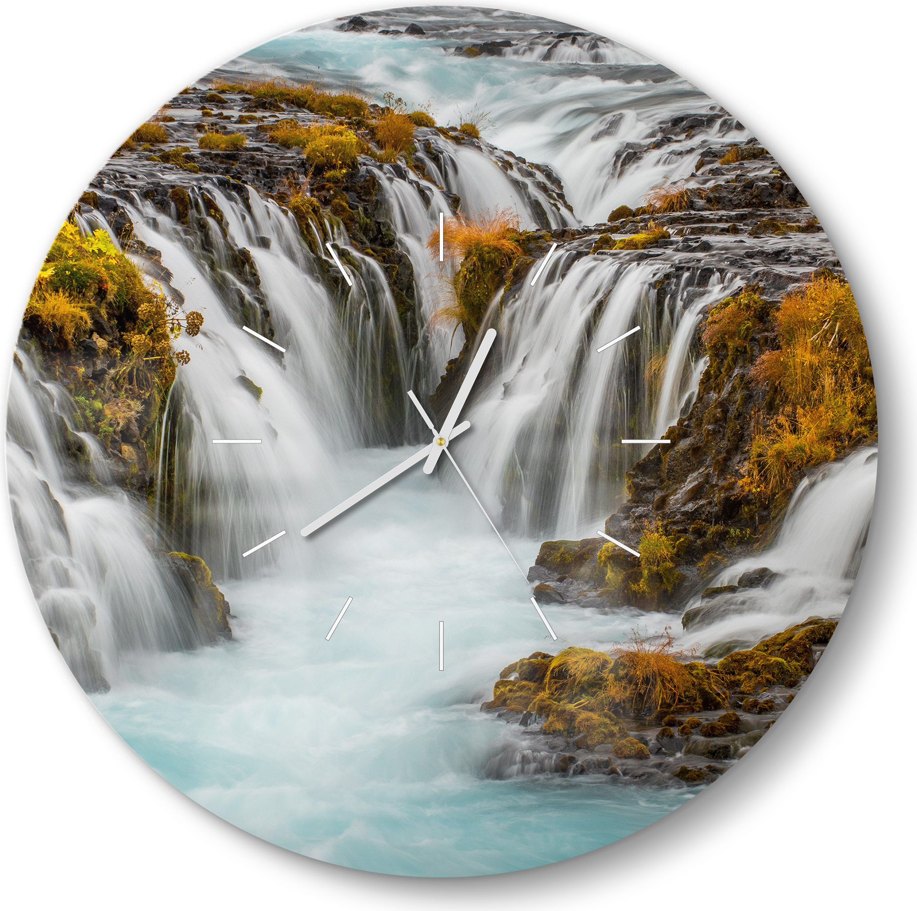 DEQORI Glasuhr Ø50 cm Modern 'Herbstlicher Wasserfluss' Wanduhr Glas Uhr Design leise Küchenuhr WC-D50-M-2564