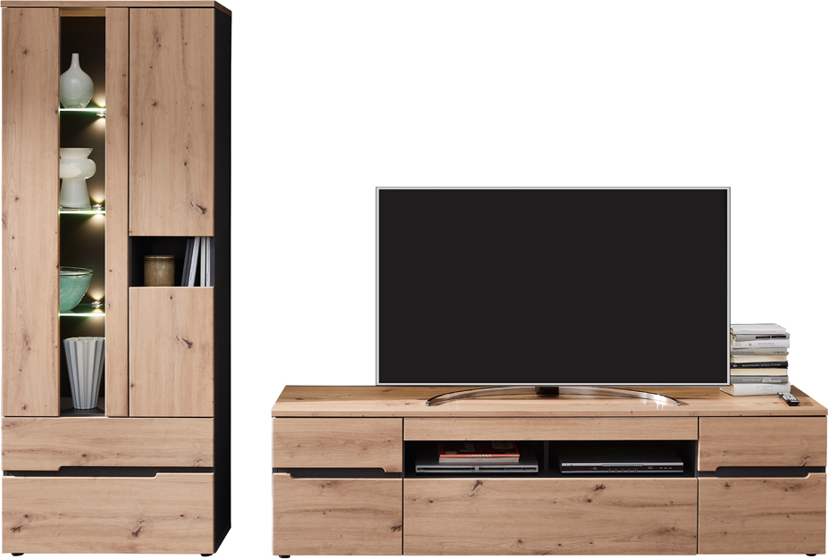 Lomadox Wohnwand Set mit Beleuchtung MANRESA-36 in Artisan Eiche Nb. mit Graphit, B/H/T: ca. 287/197/47 cm MANRESA-36-SET15